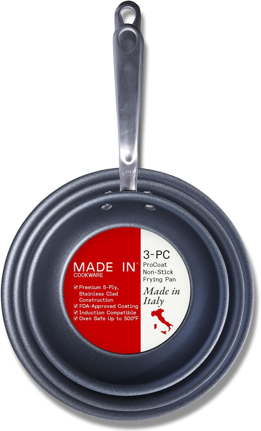 Made In Cookware | ProCoat Non Stick 3 Piece Frying Pan Set (Includes 8", 10", 12") | 5 Ply Stainless Clad | Professional Cookware | Crafted in USA | Induction Compatible | (Graphite)
