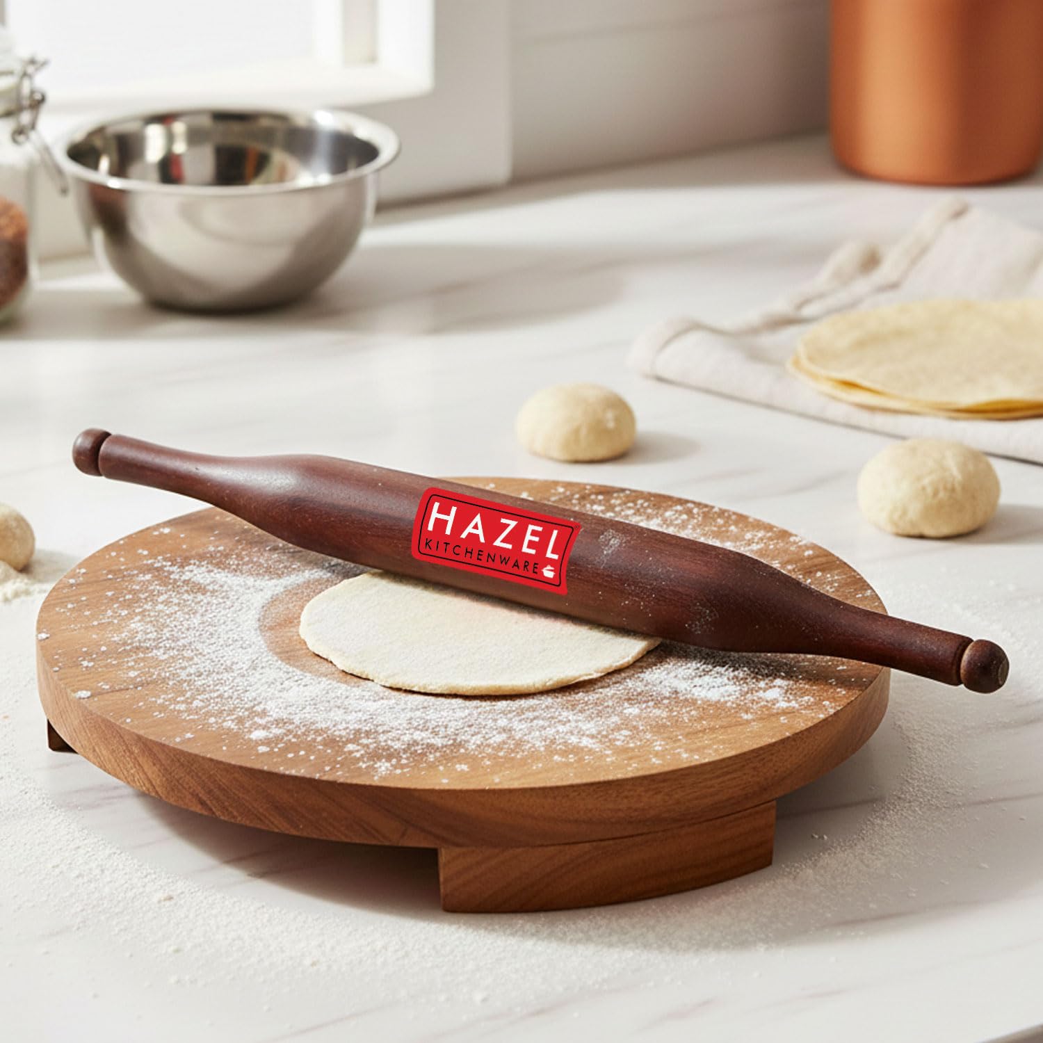 HAZEL Sagwan Polpat Chakla Roti Chapati Maker 24 cm with Sheesham Roti Roller Belan Rolling Pin 34 cm-image-13