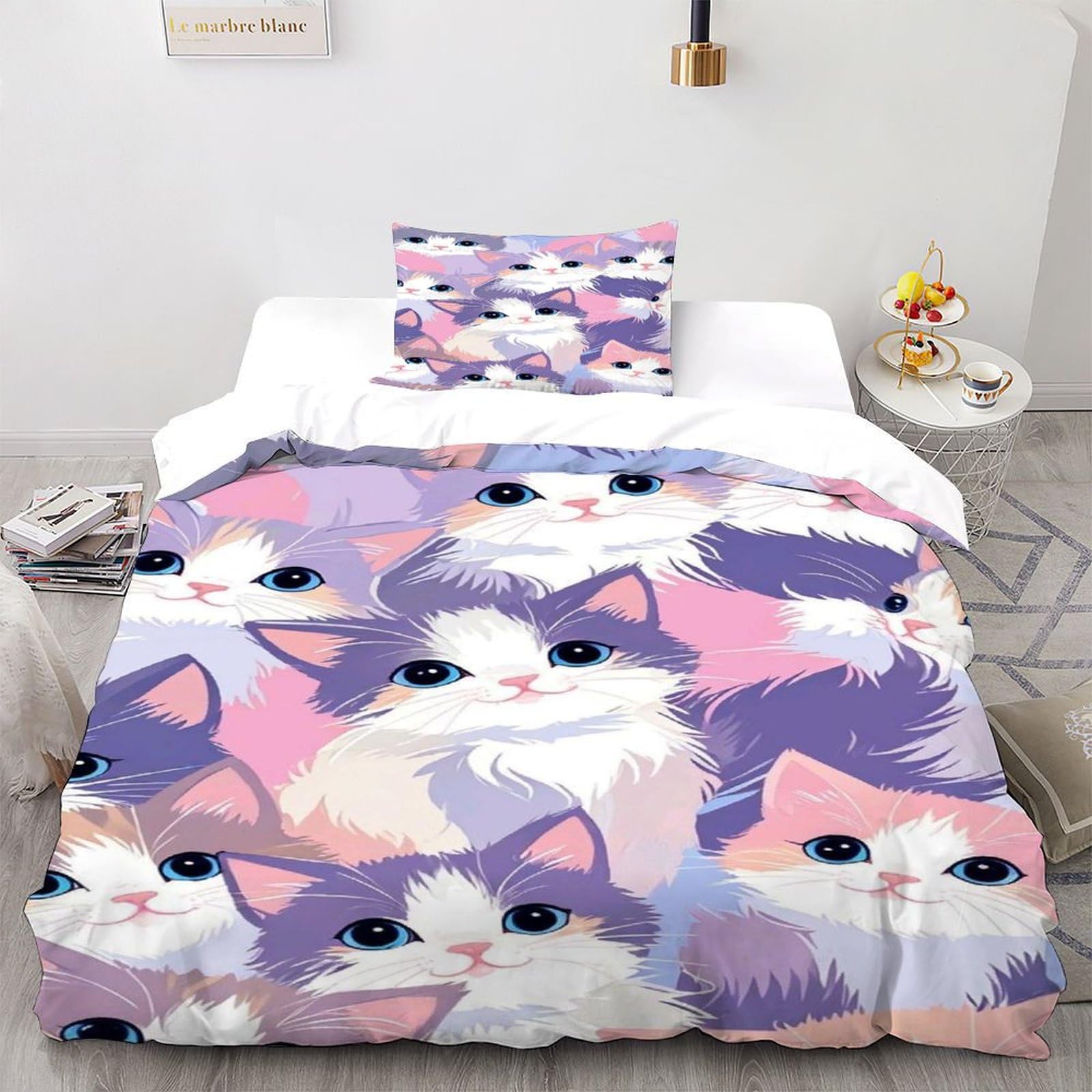Housse de couette chat 2 pièces anti-plis en linge de lit microfibre enfant