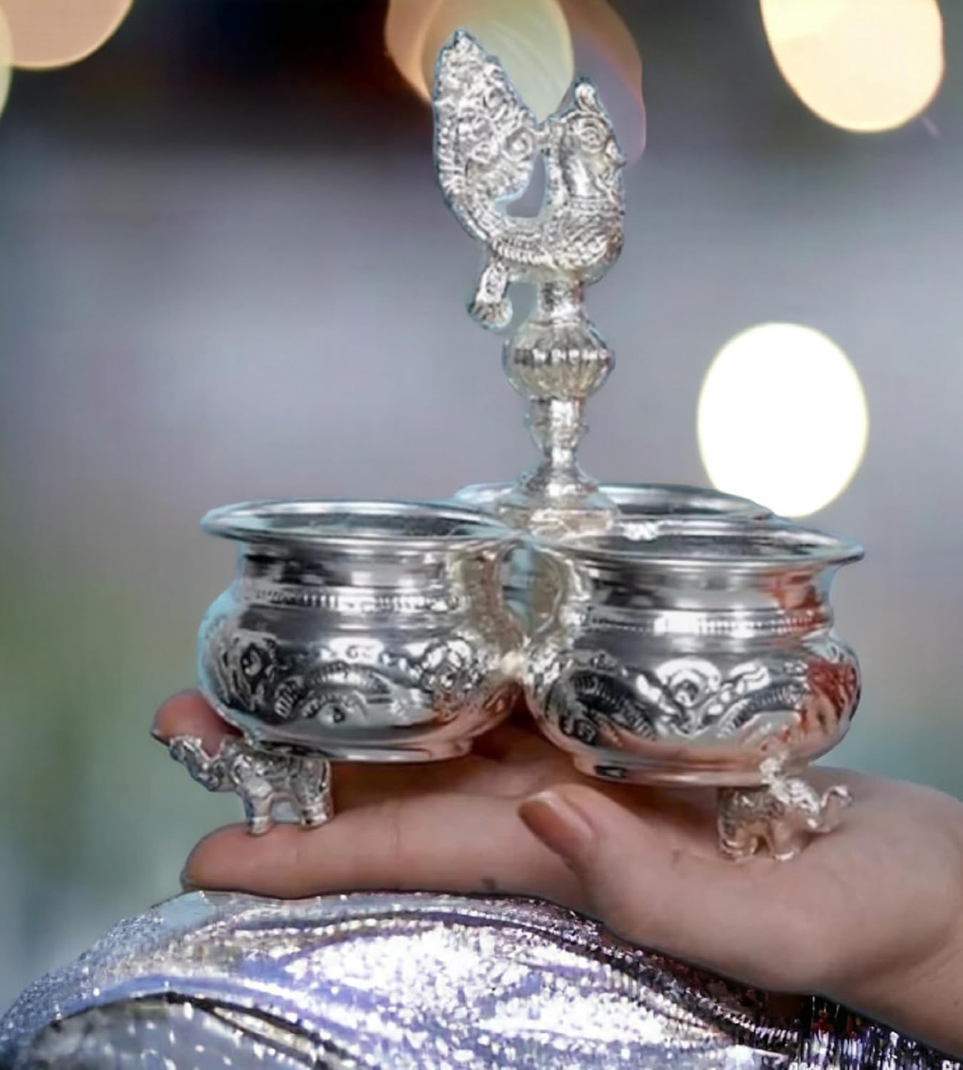 German Silver 3 Cup Panchwala with Peacock Hand for Home Temple Pooja Decor K2579