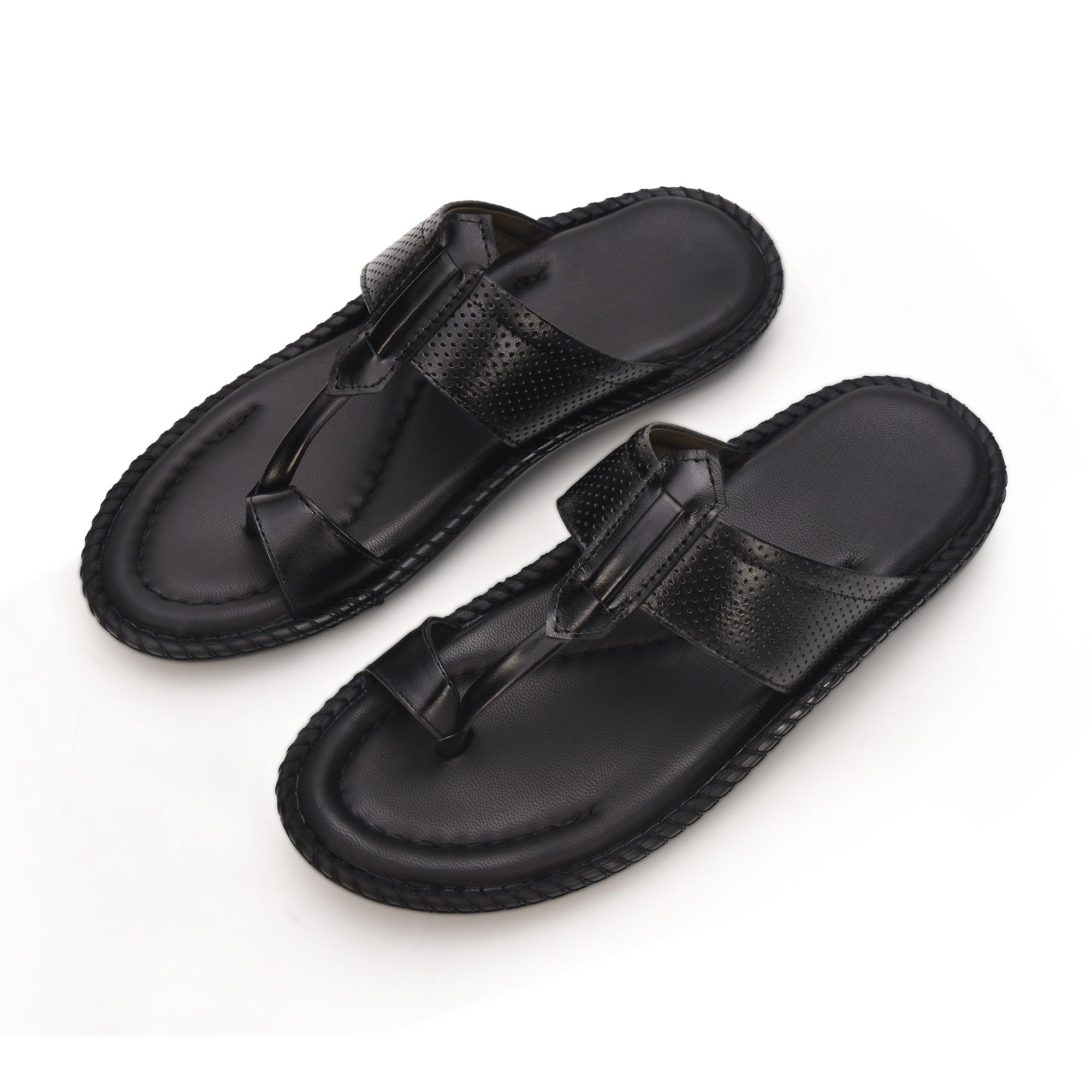 Men's Leather Toe Loop Kolhapuri Style Slip-On Slippers with Perforated Strap, Cushioned Footbed & Textured Sole-image-36