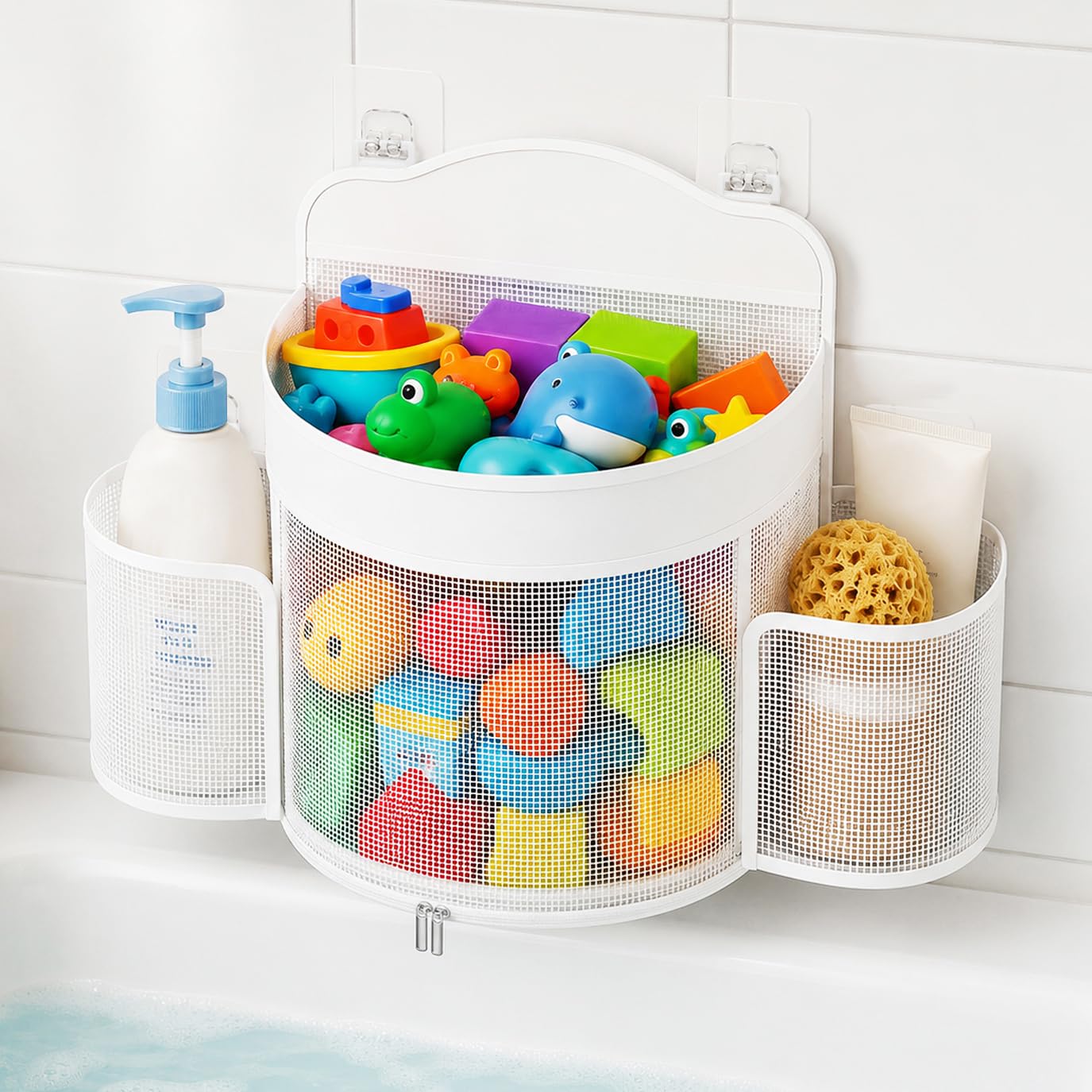 Dreamtop Bath Toy Storage - Large Bath Toy Net Holder with Quick Dry Design 2 Side Pockets Bottom Zipper, Space Saving Bathroom Organizer for Kids Bathtub Toys White