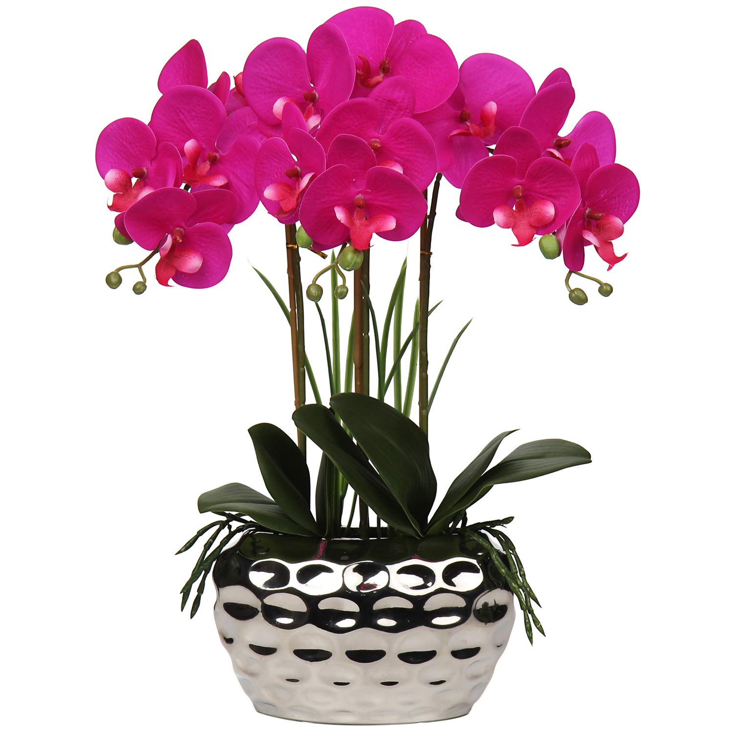 Briful 17" Artificial Orchid Phalaenopsis Flowers Decorative Bonsai Fake Flower, Real Touch Orchid Artificial Flowers with Silver Ceramic Pot for Table Centerpieces Living Room Home Décor