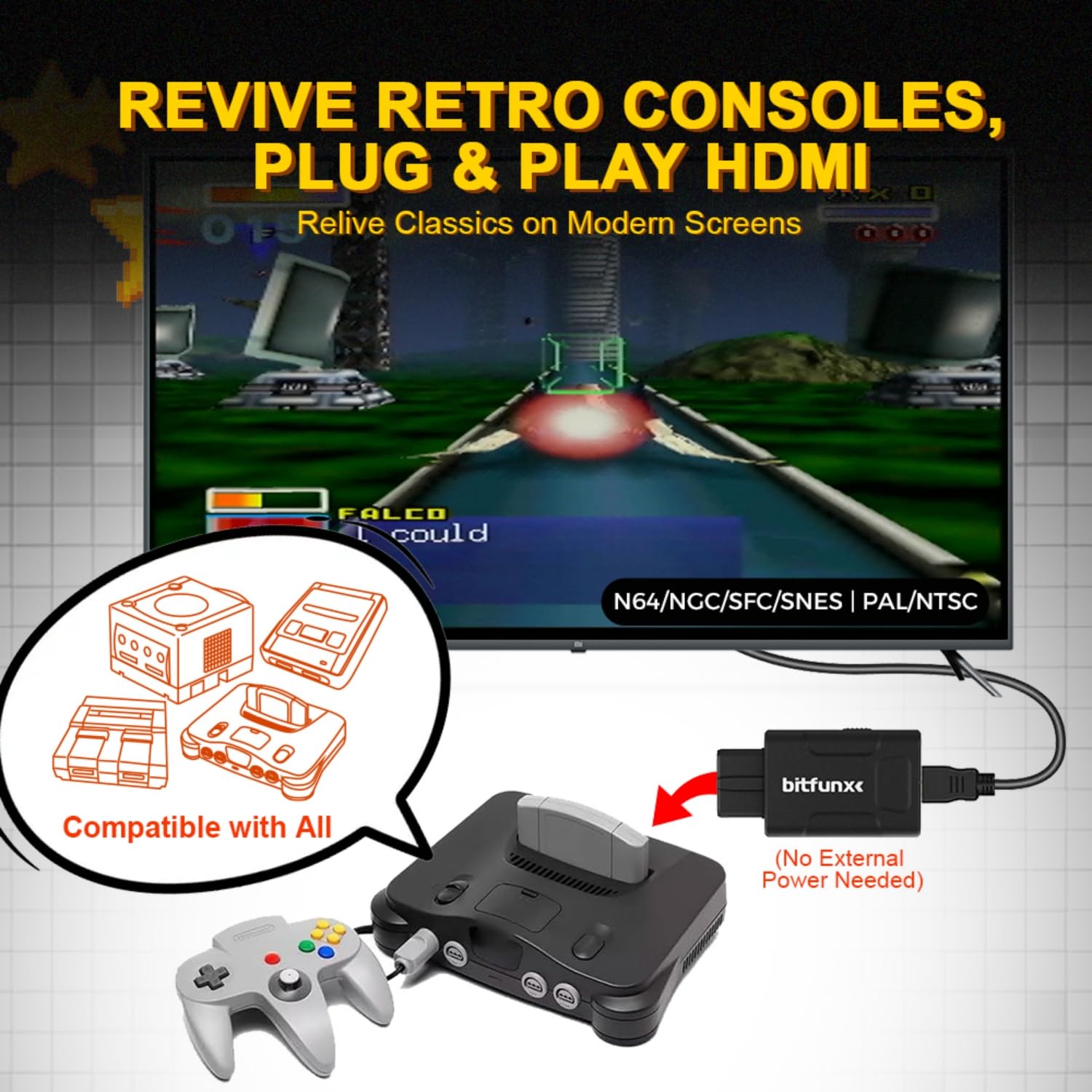 BITFUNX Adaptateur HDMI N64 – Prend en Charge Le commutateur 16:9/4:3, Mini convertisseur HD 720p/1080p avec S-vidéo Automatique et Composite, Adaptateur de Jeu vidéo Plug & Play sans décalage