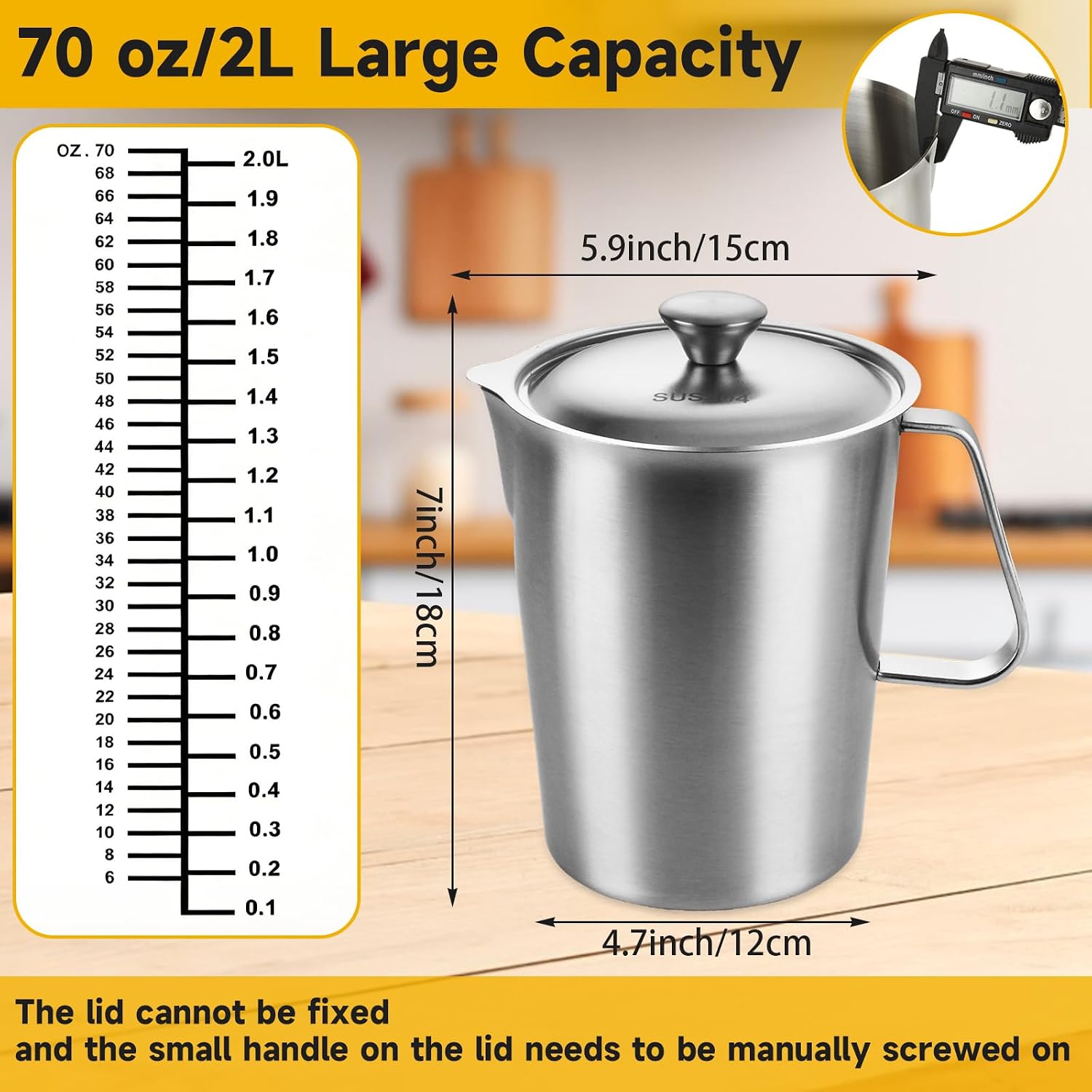 LANIAKEA Stainless Steel Measuring Pitcher with Lid 70 oz / 2L Metal Measuring Cup with Marking with Handle Wide Mouth Graduated Cup for Milk Frothing,Latte Art,Espresso, Hot & Cold Water, Iced Tea