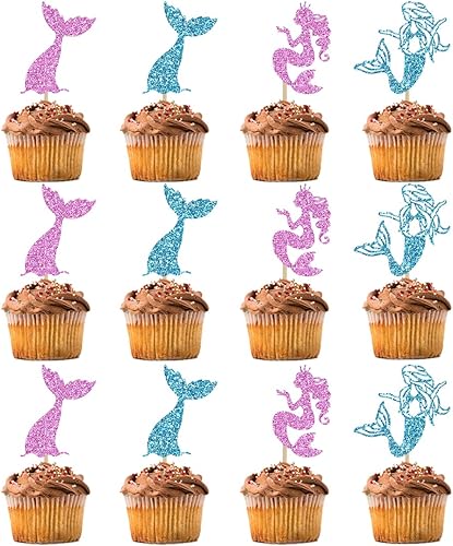 12 adornos de sirena para cupcakes con temática de cola de sirena, decoración de fiesta de cumpleaños de sirena