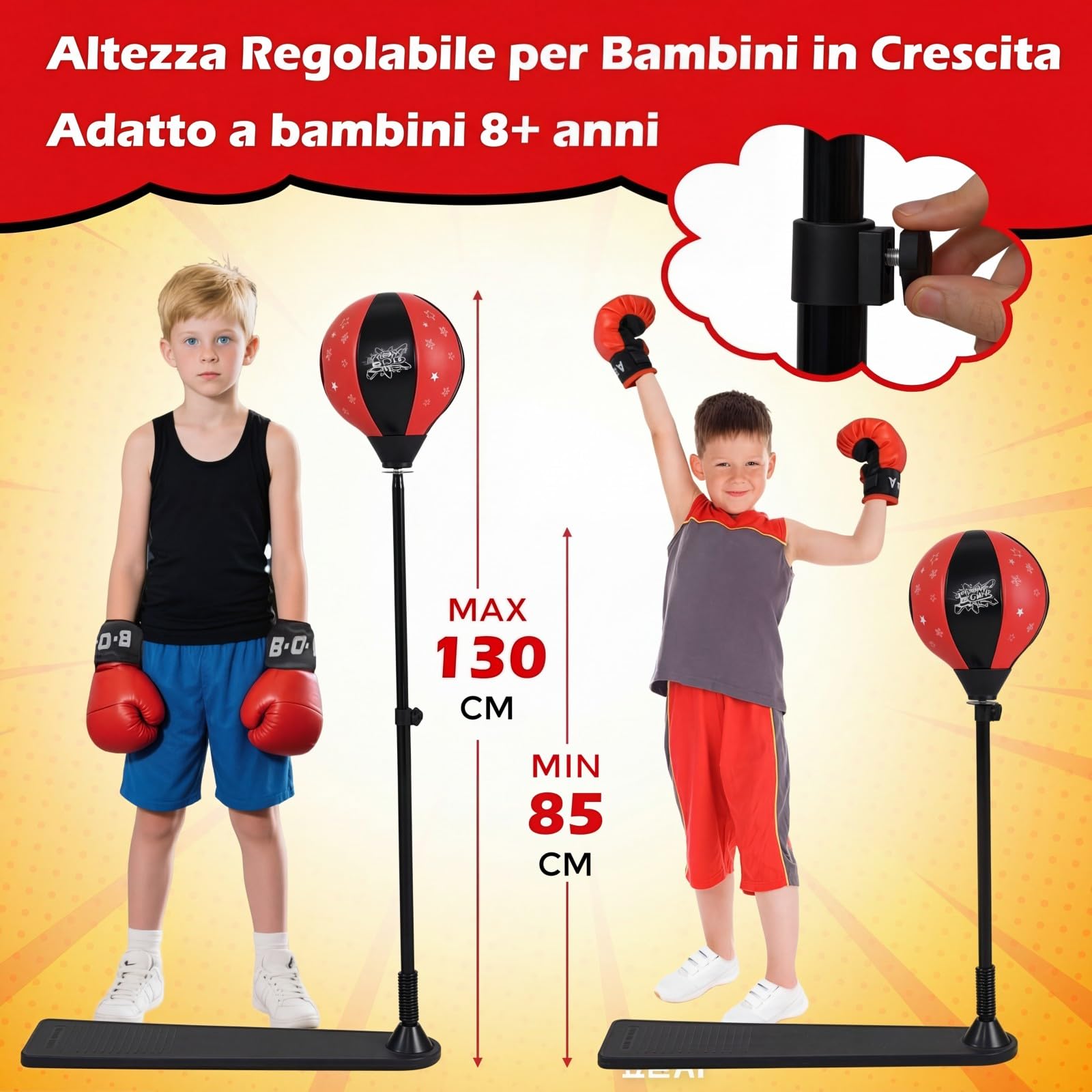RELAX4LIFE Pungiball Bambini - Sacco da Boxe con Base a Pedale, Altezza Regolabile 85-130cm, Inclusi Guantini e Pompa Bambini 3-10 Anni
