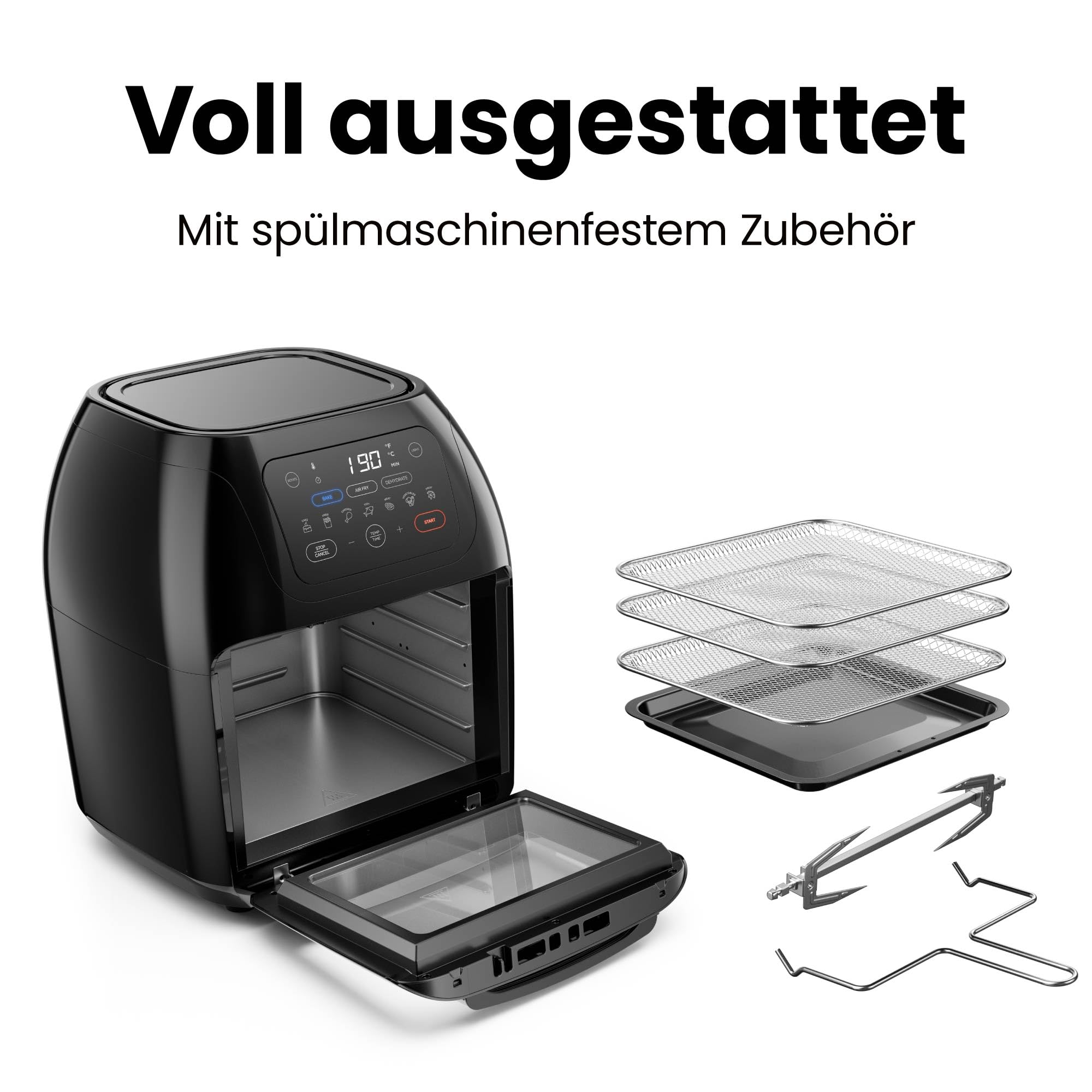 Chefman Multifunktionale Heißluftfritteuse 10L Digital Touchscreen Konvektion Dörrautomat Rotisserie Schwarz
