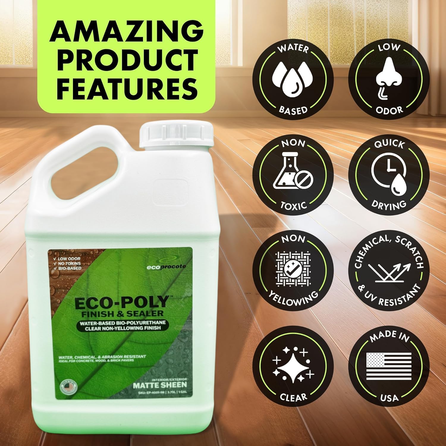 Eco-Poly Polyurethane Sealer — Non-Toxic, Low Odor, Quick-Dry Water Based Protective Spar Varnish for Indoor & Outdoor, Clear Matte 1 Gallon Polyurethane Sealant for Wood, Concrete, Multiple Surfaces