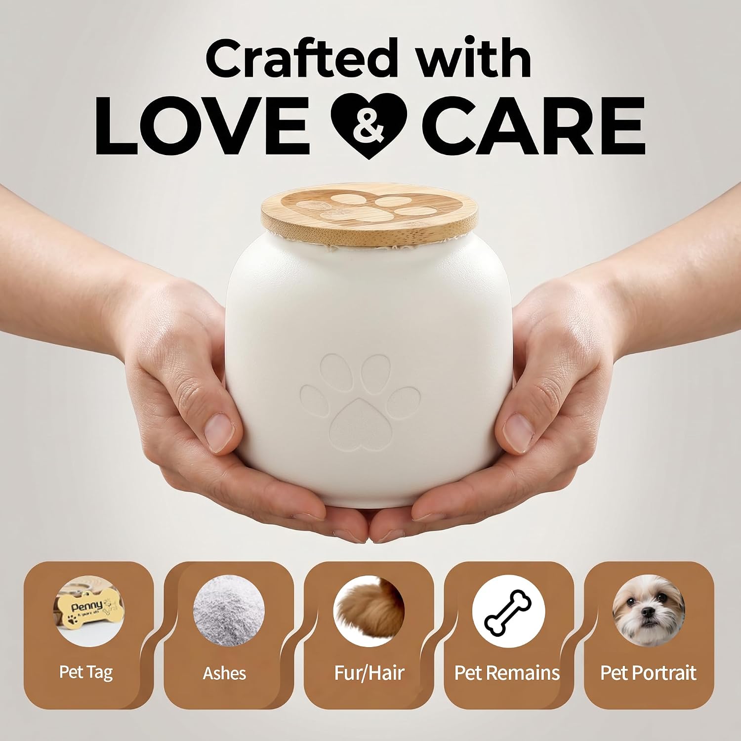 Small Pet Urn for Ashes, Cremation Memorial Urns for Cats & Dogs, 3.7"x4.1" White Ceramic Paw Design Keepsake Jar with Wooden Lid, Pets Loss Sympathy Gift, 17oz