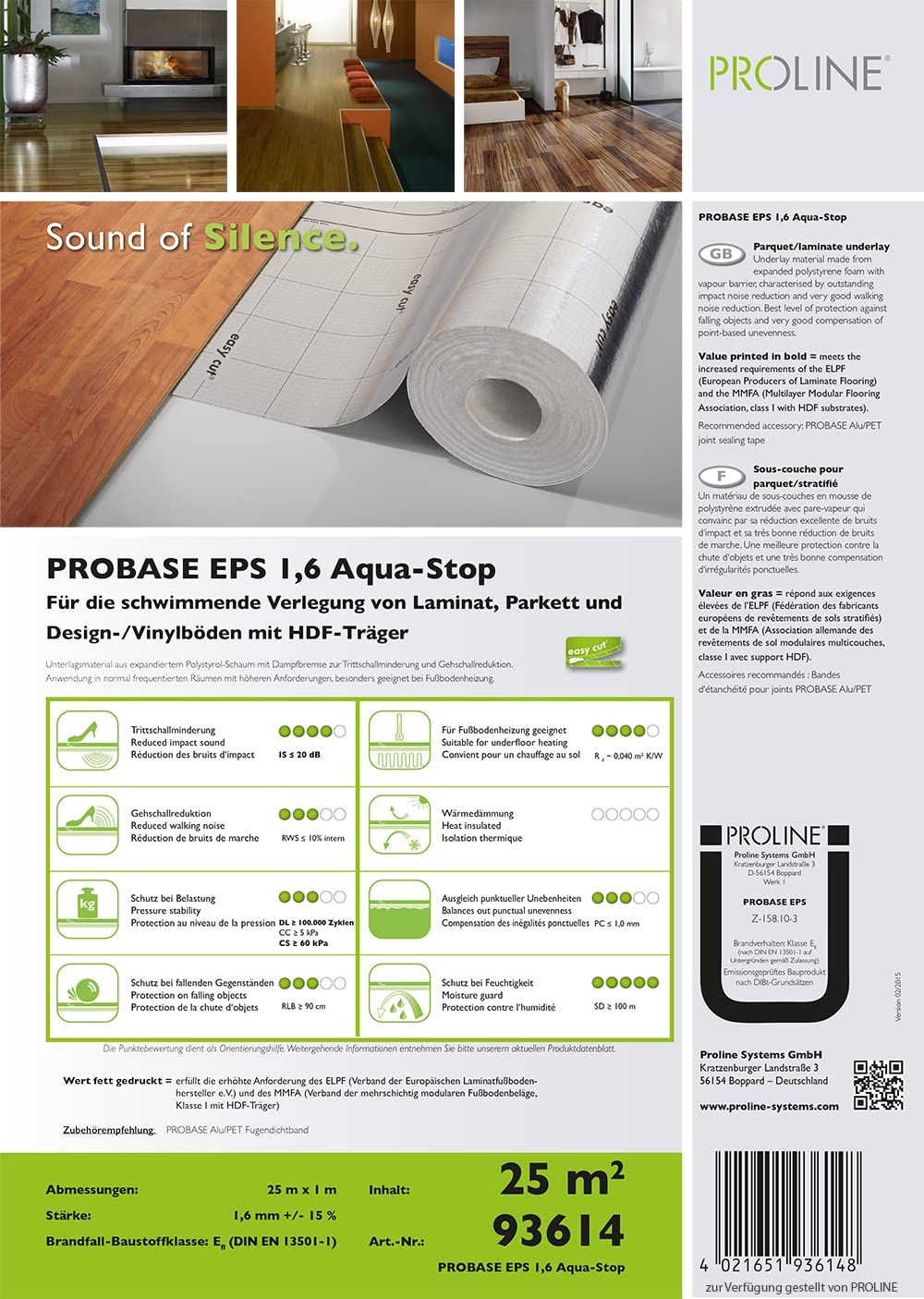 Unterlagsbahn Proline Probase Eps 1,6 Aqua-Stop, 25 m² Trittschalldämmung mit Dampfsprerre für Vinyl Parkett und Laminatböden
