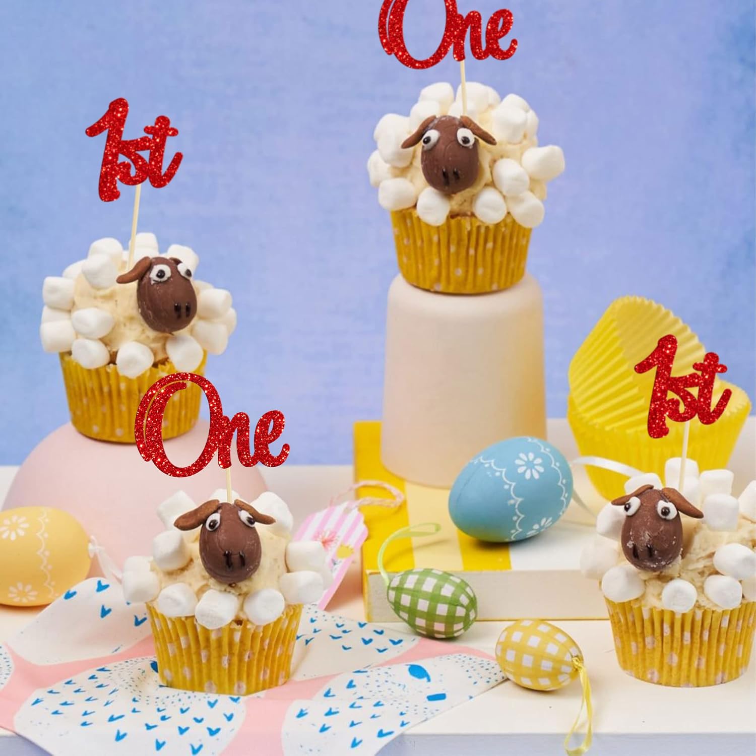 Gyufise 24Pcs 1st Birthday Cupcake Toppers Glitter First Birthday One Cupcake Picks for Baby Shower 1st Birthday Party Cake Decorations Supplies Red - Image 5