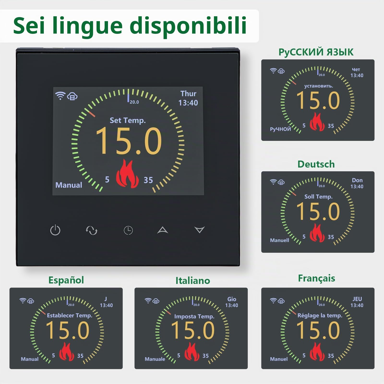 Wengart Termostato Smart WiFi per Riscaldamento a Pavimento ad Acqua, Display TFT a Colori da 2.4", 3A 230V, 6 Lingue (Italiano Incl.), Compatibile con Alexa e Google Home, App Tuya, Nero, WG380