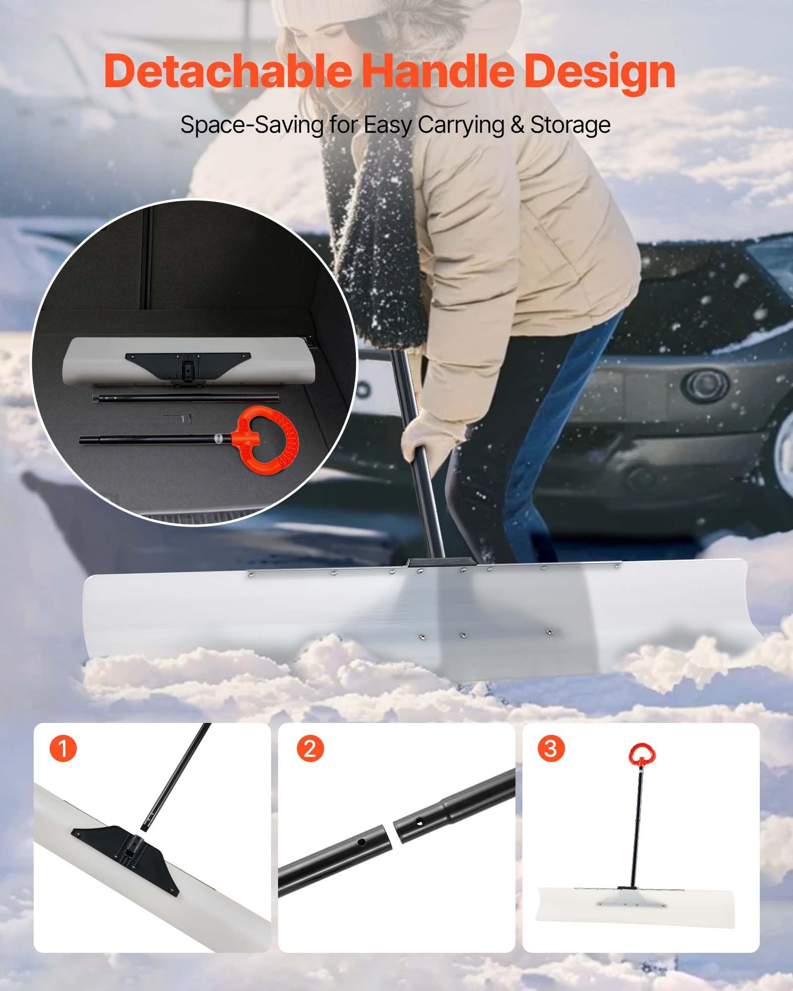 VEVOR Łopata do śniegu 122 cm z ergonomicznym uchwytem, zimowe łopatki z segmentowym uchwytem, pasek z metalową krawędzią, przenośne narzędzie do usuwania śniegu na podjazd, ogród