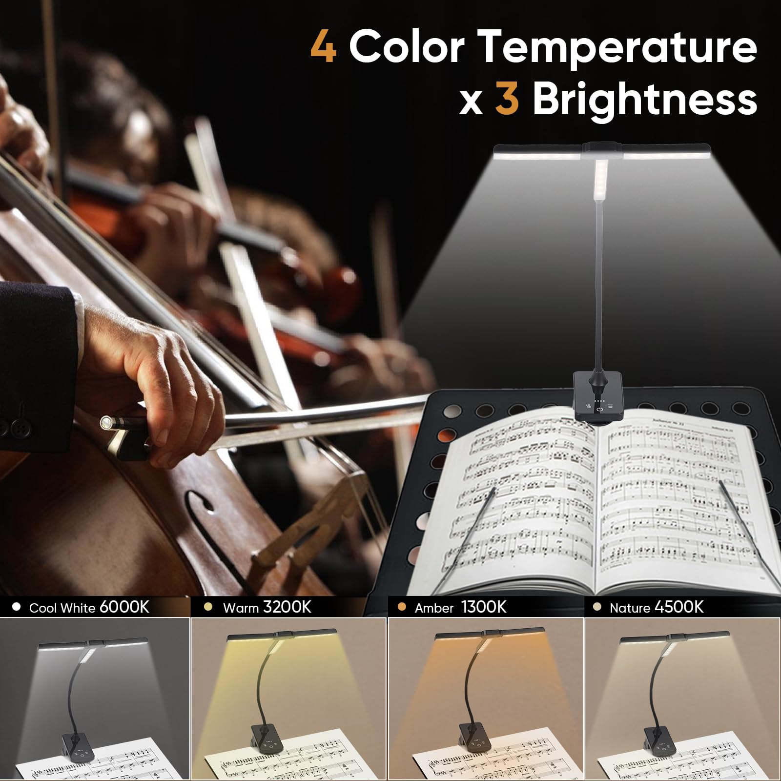 Javik Lampe à clipser pour pupitre de musique : lampe de piano pliable rechargeable de type C – Lampe portable avec 3 niveaux de luminosité pour dossier de chorale, guitare, lecture de livres (noir)