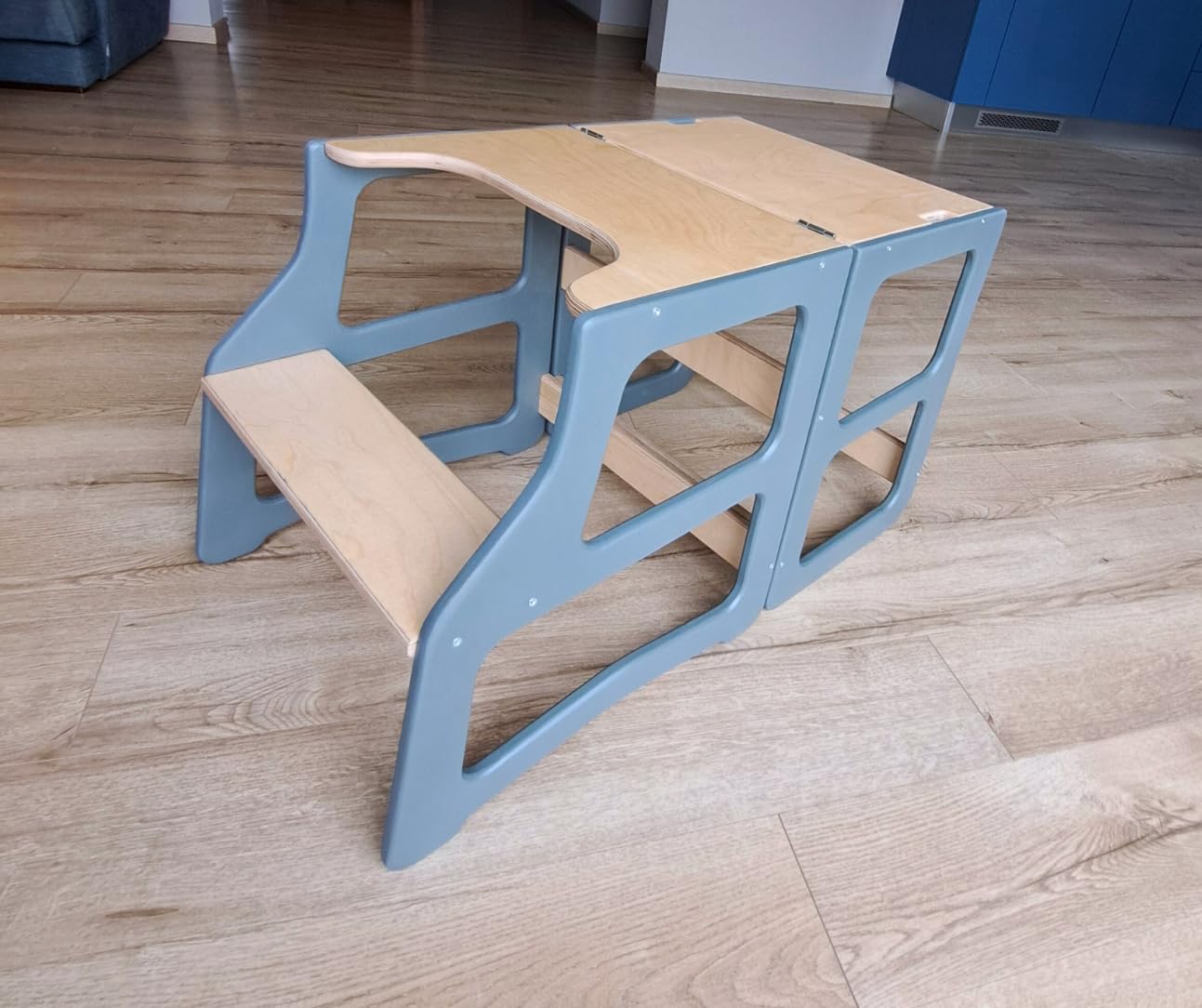 Dunorm - Lernturm Kinder Montessori, Lerntuem Tisch, Küchenhelfer Steh, Umwandelbarer Leiter Helferhocker, 2 in 1 Set Mit Hochstuhl Vorhanden, Handgefertigt
