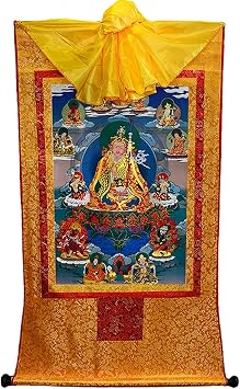 Scroll Hanging, Scroll mural,Chinese Art Scroll Painting,Buddha Zen Wall Hanging, scroll mural,Padmasambhava Buddhist Thangka Brocade Embroidery Painting Vintage Tibetan Thangka Tapestry Art Print Pos