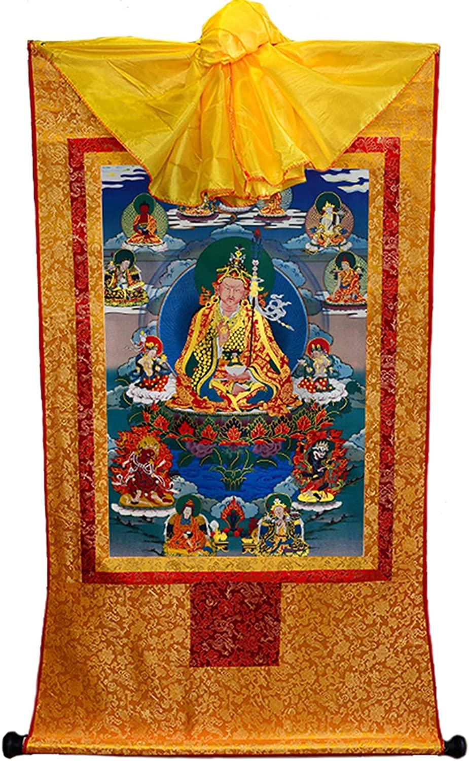 Silk Scroll Painting， Padmasambhava Buddhist Thangka Brocade Embroidery Painting Vintage Tibetan Tapestry(OneColor,S)