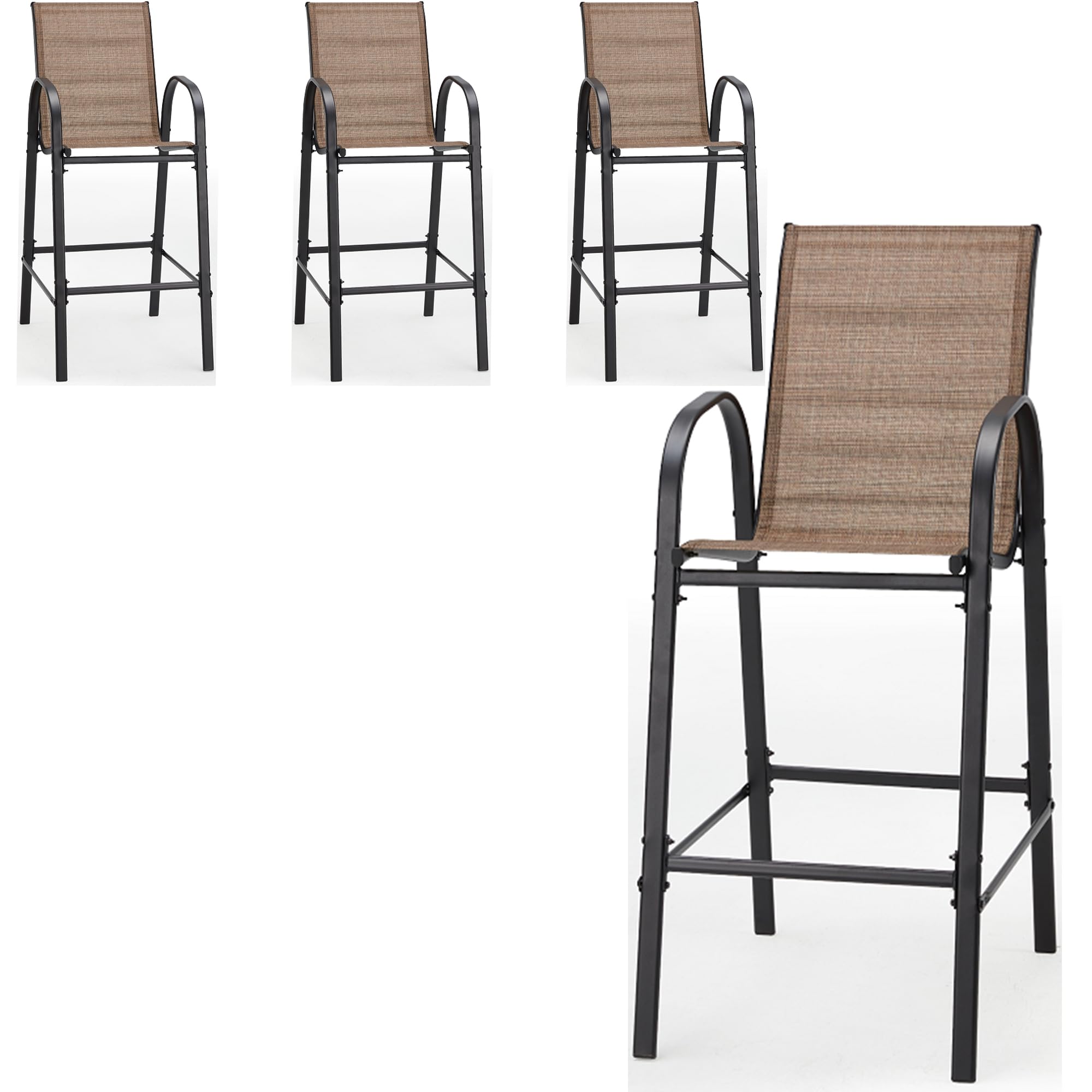 HOMREST Outdoor Bar Height Stools Set of 4,High Back Patio Chairs with Armrests,Textilene Chairs with Breathable Fabric &amp; Metal Frame for All Weather,Brown