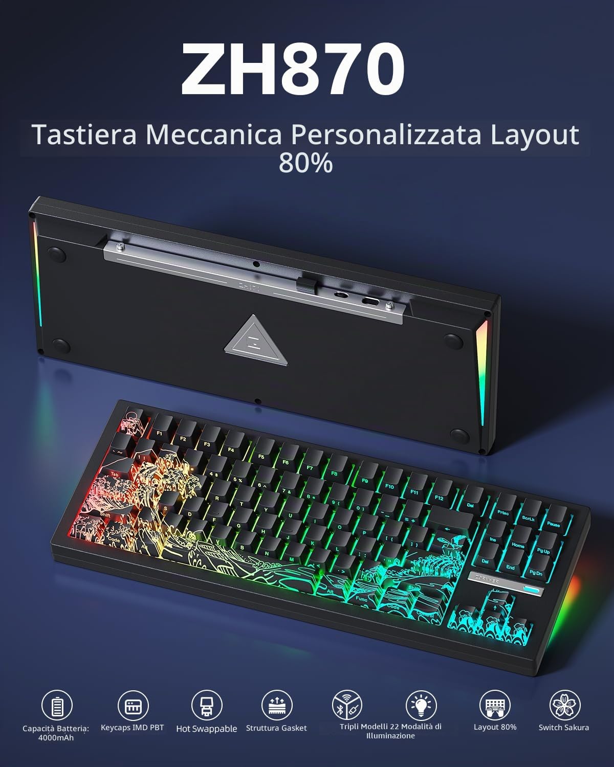 ZORNHER Tastiera meccanica da gioco wireless ZH870, tastiera nera con suono cremoso personalizzato all'80% con lucentezza, tasti Kanagawa IMD PBT, interruttori lineari pre-lubrificati, sostituibile a