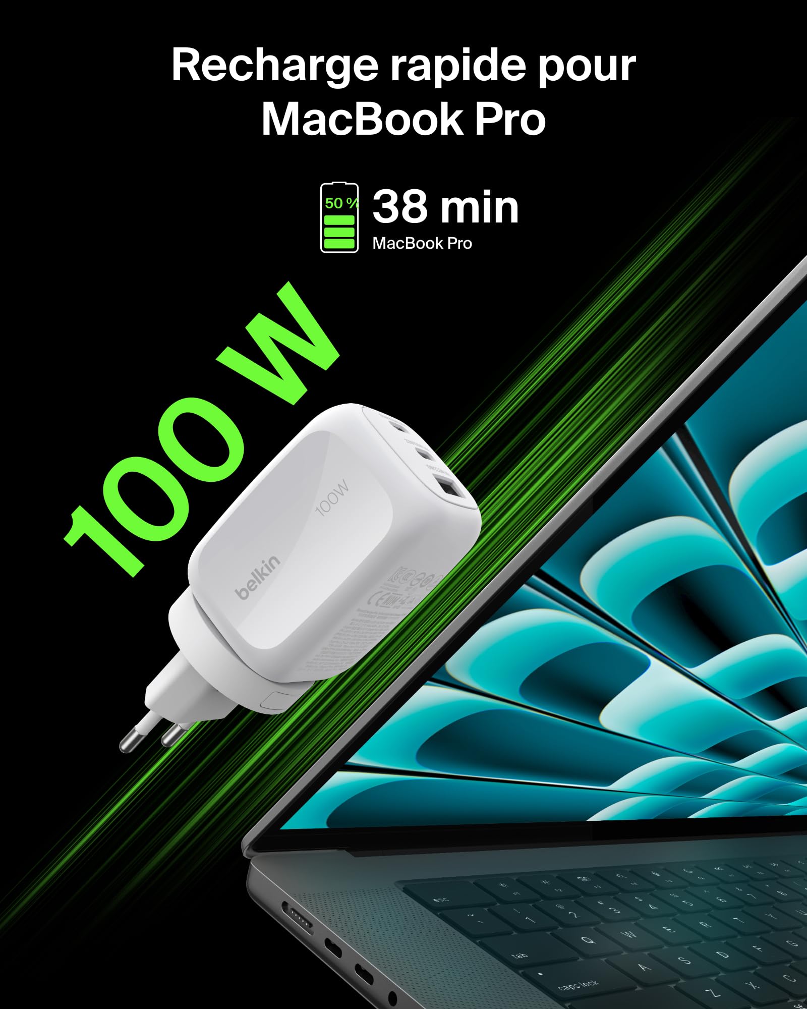 Belkin Chargeur Secteur GaN 3 Ports USB-C 100 W, 2 Ports USB-C et 1 Port USB-A, Fiches électriques UE/R.-U. / É.-U., pour MacBook, iPhone, iPad Pro, Samsung Galaxy, Google Pixel, etc - Blanc