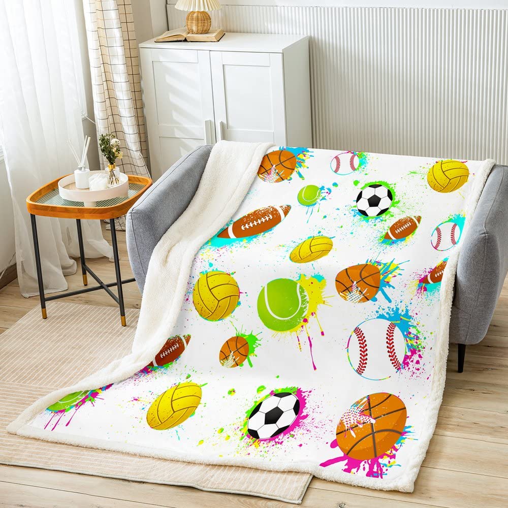 Loussiesd Sports Plush Blanket Tie Dye Basketball Baseball Football Fleece Throw Blanket 3D Ball White Sherpa Blanket for Bed Sofa Microfiber Warm Fuzzy Blanket Baby 30x40 Inch