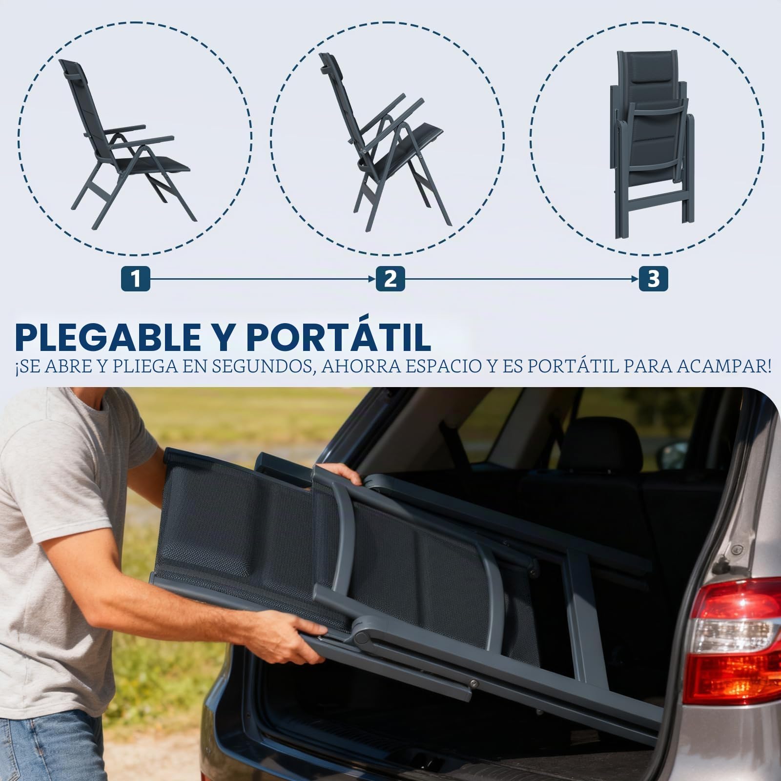 Devoko Juego de 2 Silla Plegable de jardín de Aluminio - Sillón de jardín Exterior Ajustable en 7 Posiciones, Silla portátil con Respaldo Alto Apta para Todas Las mesas de jardín, terraza y Piscina