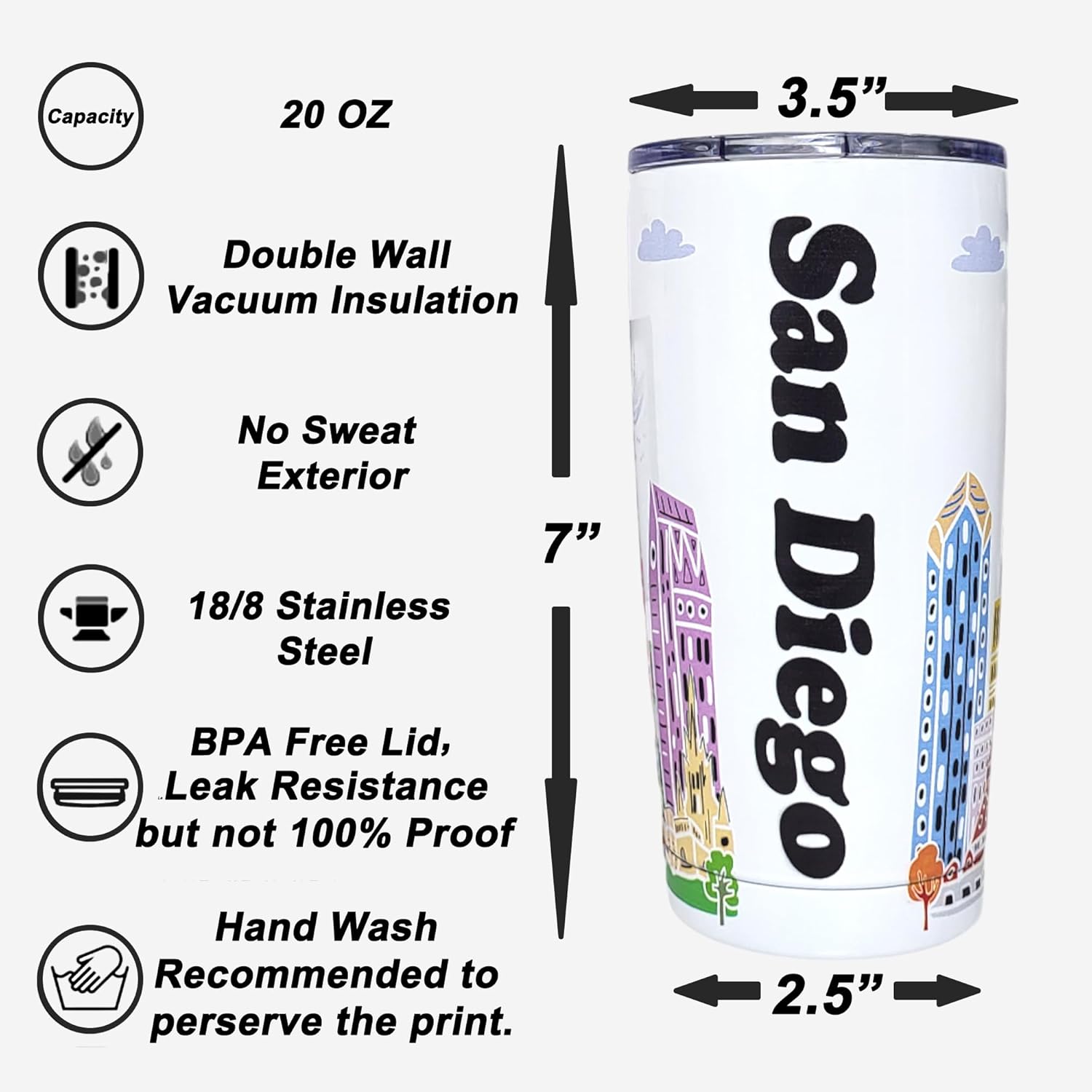 City Themed Artwork Tumbler Collection - Designed in the USA - 20oz Vacuum Insulated Tumbler with Lids - Stainless Steel Coffee Travel Mug with, Cup for Hot Cold Drinks (San Diego) - Image 7