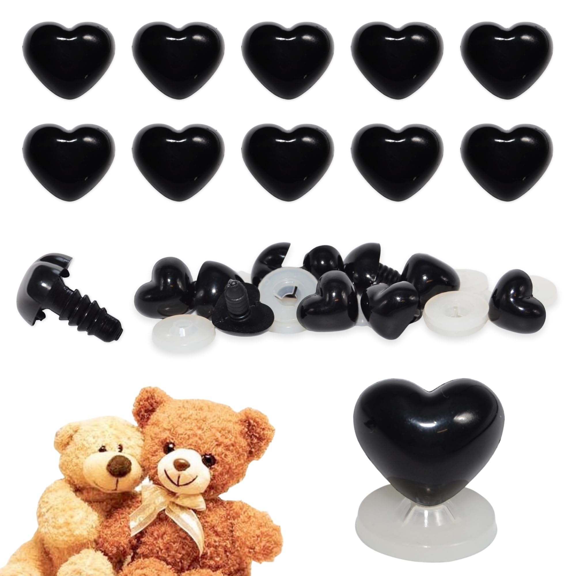 celloexpress 21mm x 18mm Black Heart Noses with Plastic Backs - Safety Noses for Soft Toy Teddy Bear Animal Making (Pack of 10) — image 1