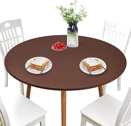 NEWISHER Cubierta de Mesa Redonda Ajustada de Spandex Elástico Mantel Marrón Cubierta Superior de Mesa con Bordes Elásticos para Comedor Picnic