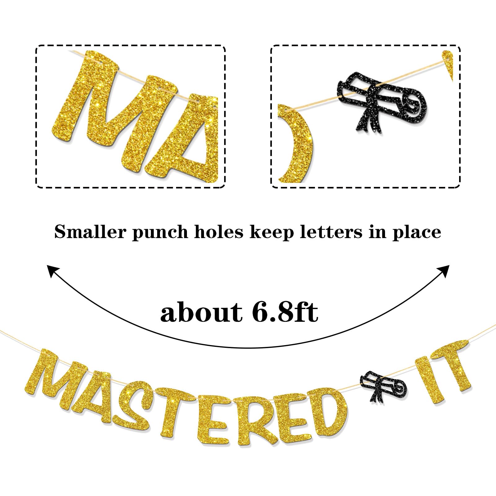 Mastered It Banner - Adventure Begins - Congrats Grad Party Supplies for Boy Girl - Master Graduation Party Decorations - Gold Glitter - Image 2