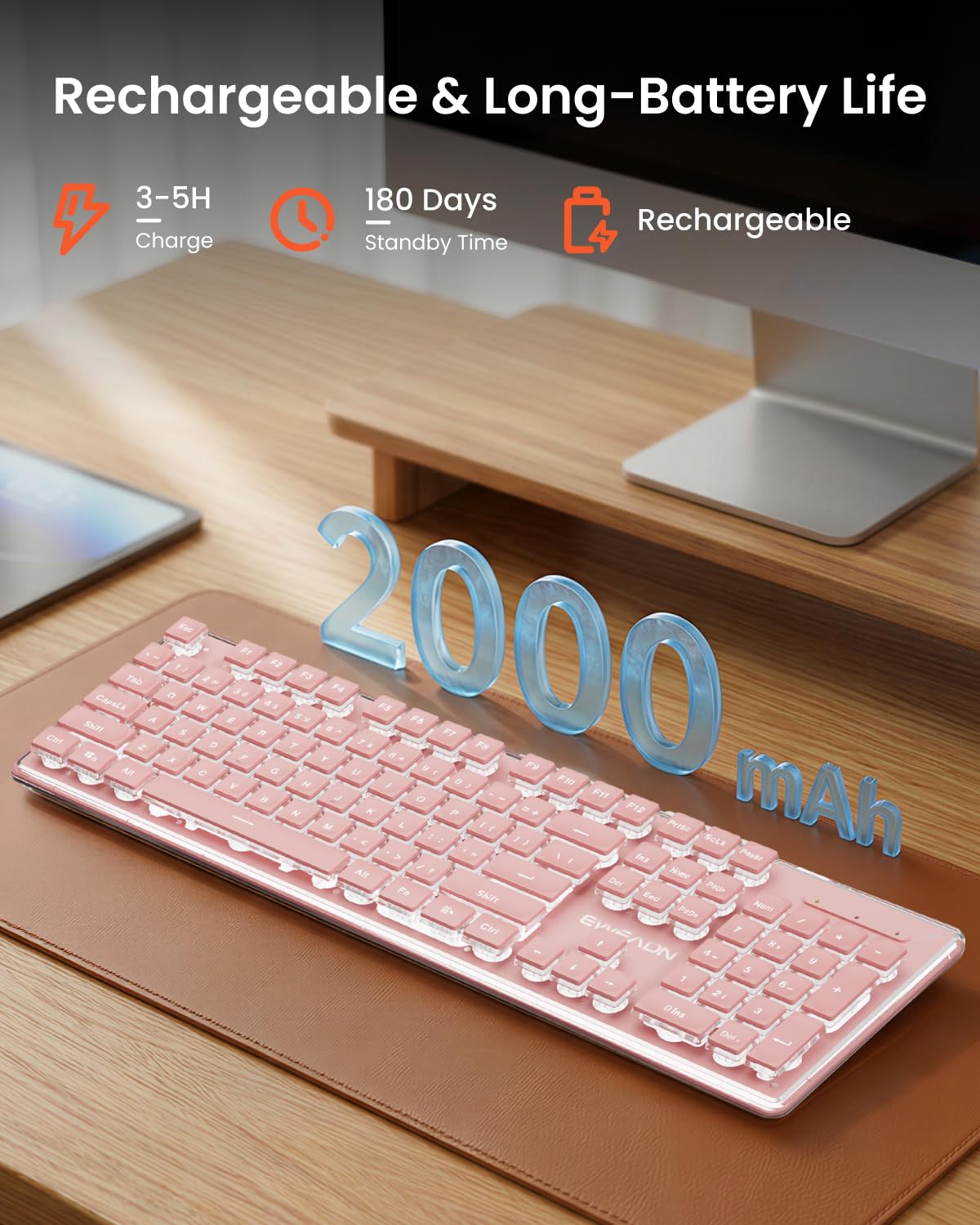 SEUNKWANG EWEADN X7S - Tastiera wireless con retroilluminazione bianca, pannello in metallo, 2,4 G, ricaricabile, silenziosa, per Win e Mac, colore rosa
