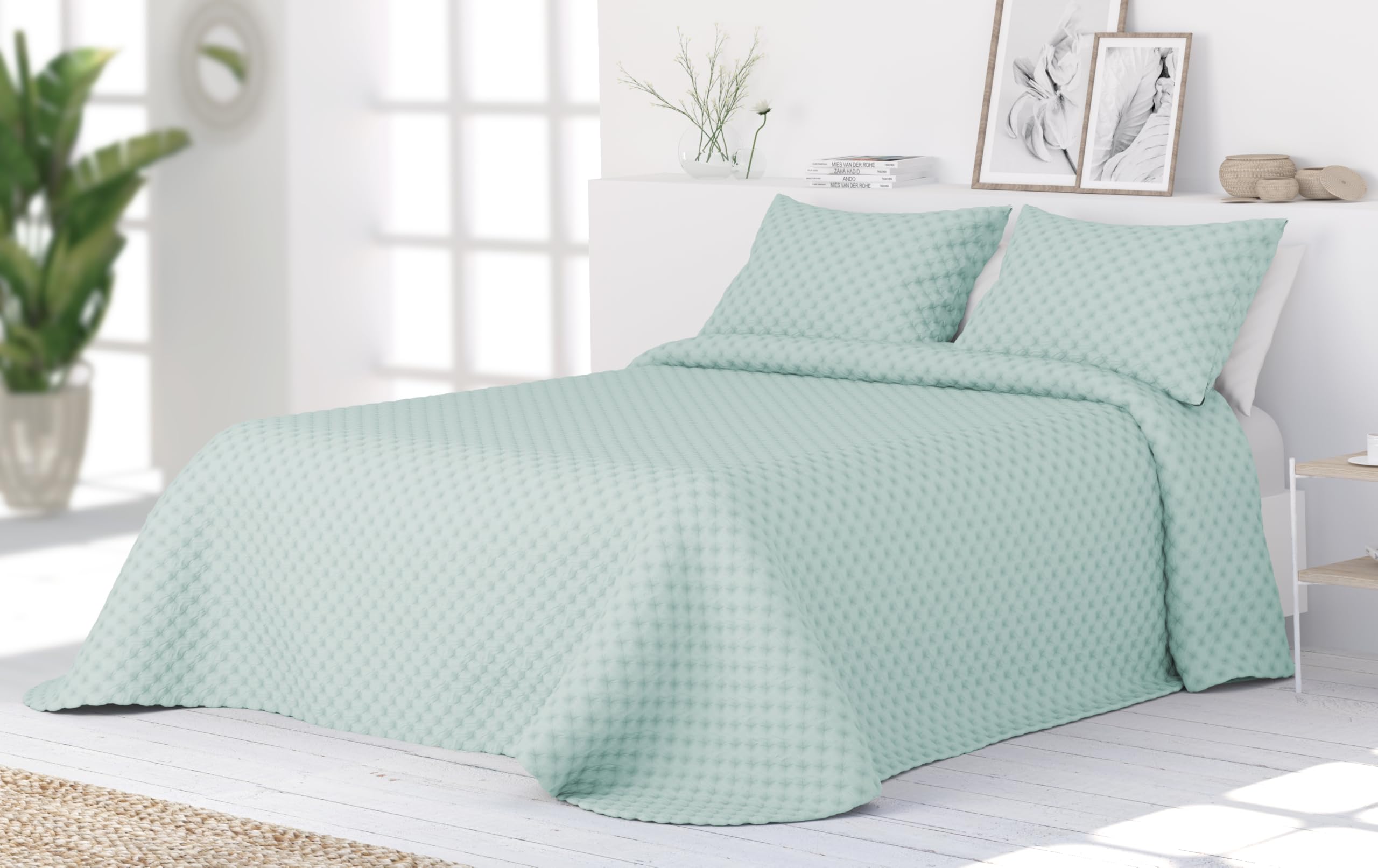 Liniva Home Colcha Bouti Lavada Termoselladapara Verano y Entretiempo. 100% Microfibra Tacto Extra Suave - Modelo Santorini - Incluye Una Funda de Cojín. (Santorini - Aqua, Cama 90cm)