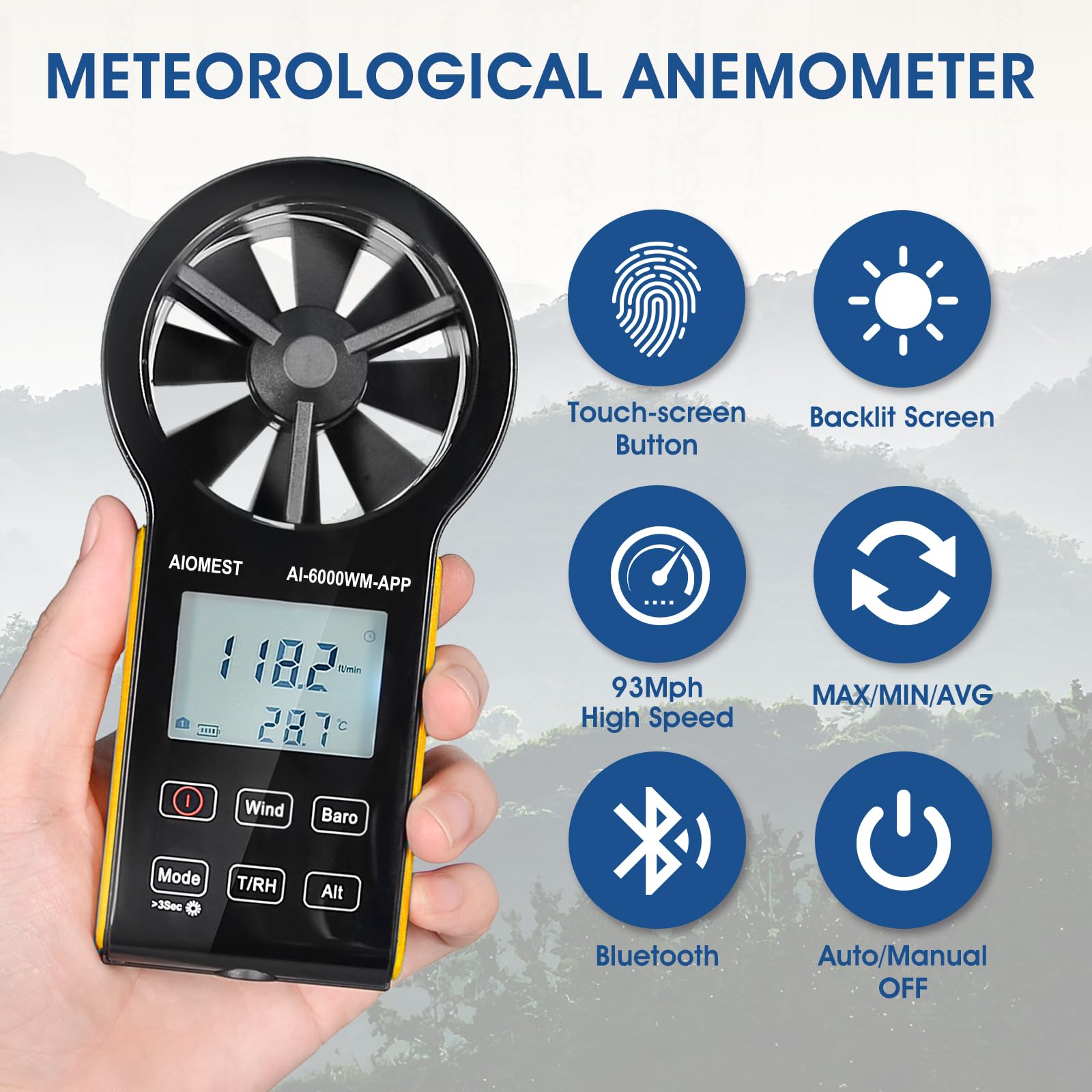AIOMEST 6000WM-APP Anemometro Digitale Palmare Anemometro Vento CFM Misuratore di Velocità del Vento con MAX/MIN/AVG per Tester Velocità Vento Temperatura Temperatura Vento Chill, HVAC