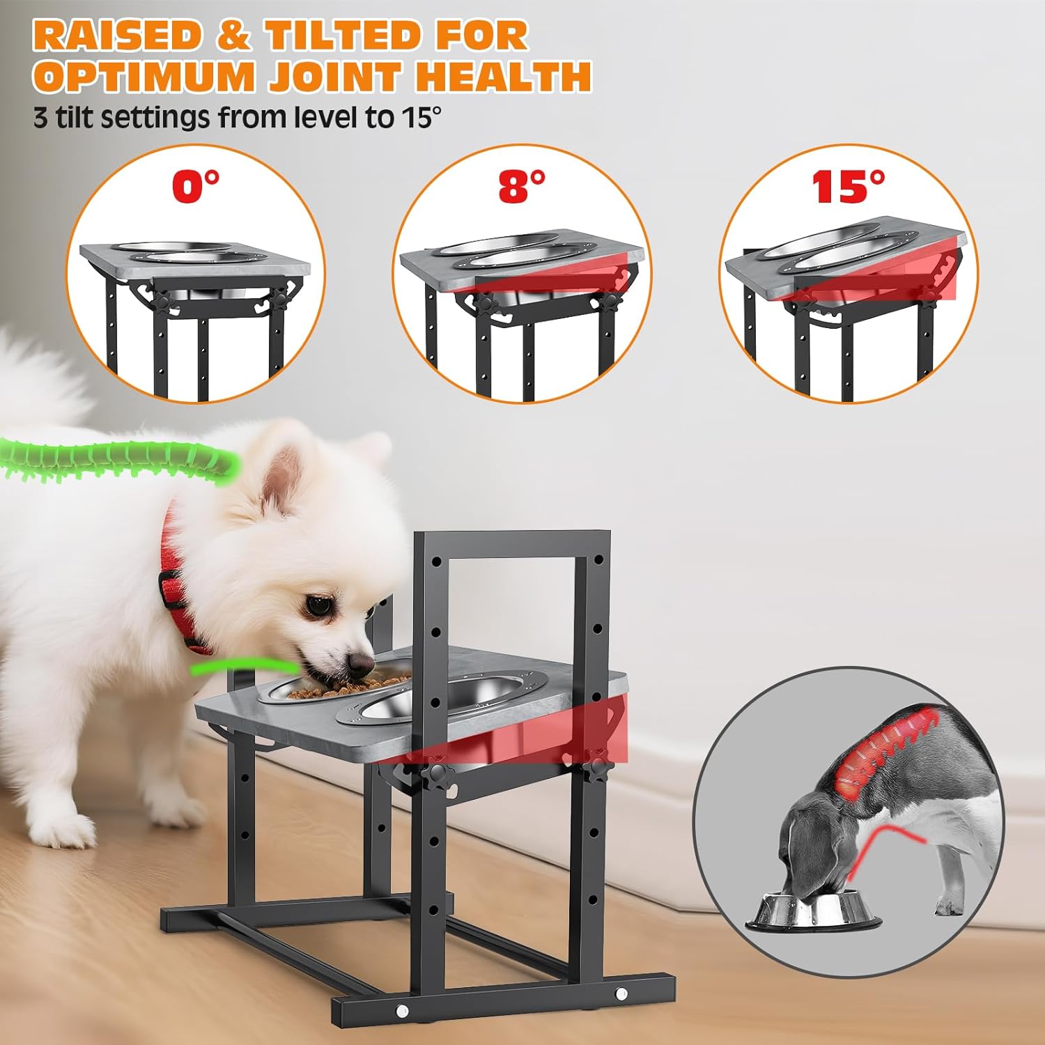Elevated Dog Bowls for Dogs, 6 Heights Adjustable Raised Dog Bowl with Slow Feeder - 3 Stainless Steel Bowl, Tiltable Non-Slip Feeding Bowls with Metal Stand
