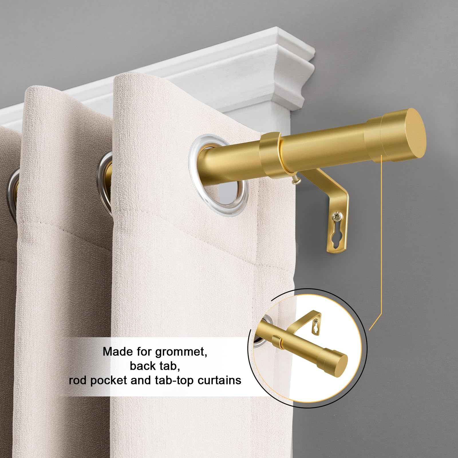 BellaHills 25mm Curtain Poles for Eyelet Curtains Adjustable Curtain Rod with Metal Finials 76 to 230 cm Window Curtain Pole with Brackets Fittings Set for Living Room Bedroom Gold - Image 2