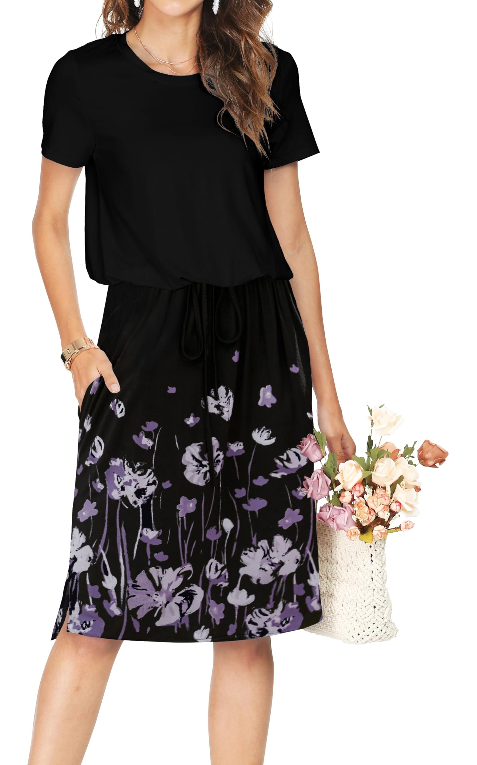 Simier Fariry Womens Spring Hide Belly Knee Length Travel Dress Pocket Summer Short Sleeve Midi Work Casual Outfits