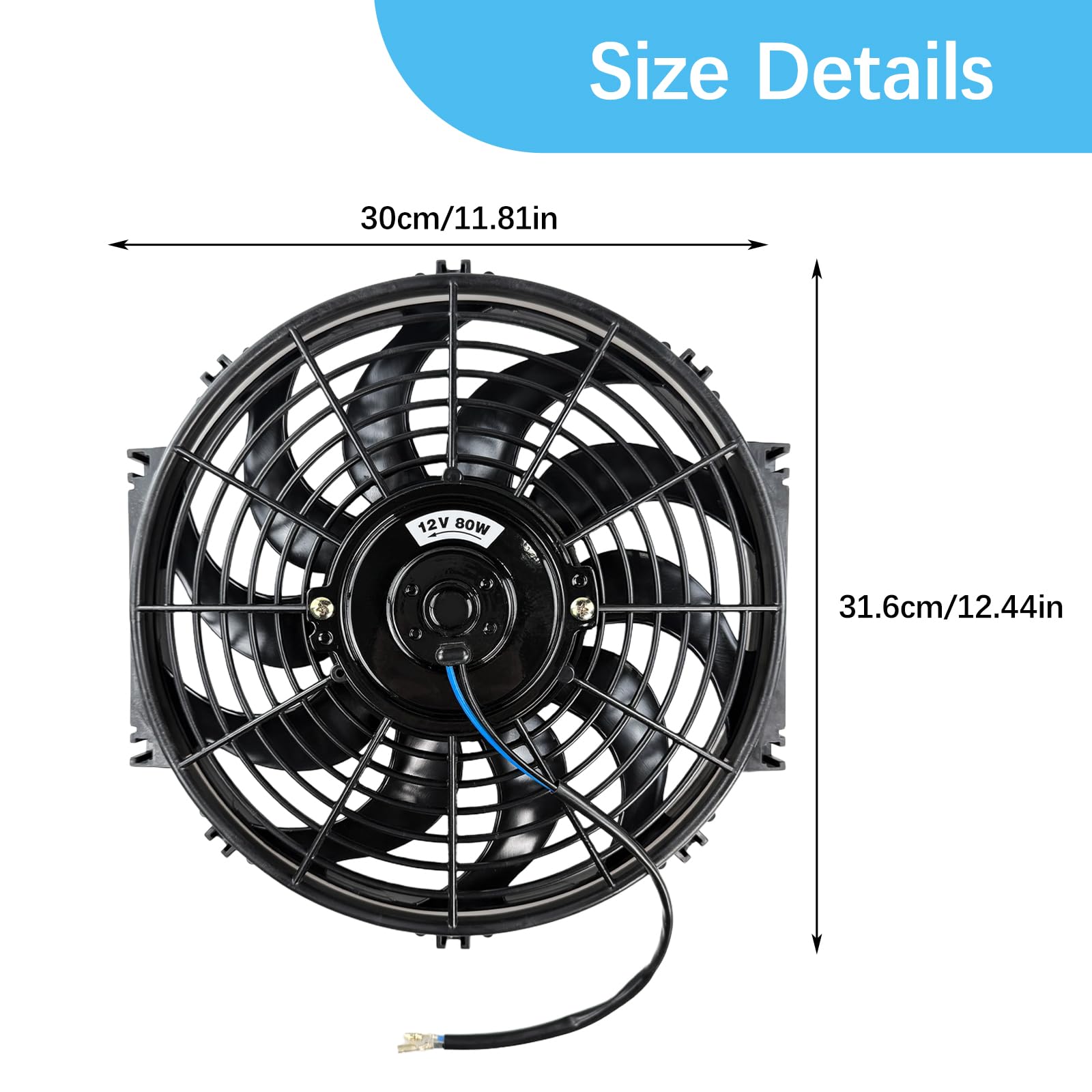 Ventola di raffreddamento universale da 12 pollici, 80 W, ventola elettrica con kit di montaggio, ventola sottile, ventola di raffreddamento per auto, camion