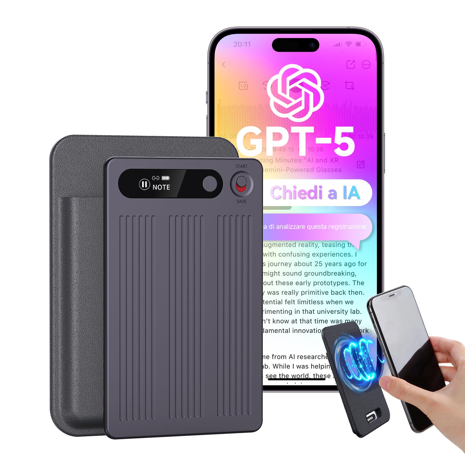 Registratore Vocale AI con Memoria 64GB - Trascrizione e Riassunto Automatico, Oltre 80+ Lingue, Registratore Digitale Professionale per Riunioni/Lezioni/Interviste, Controllo App, con Custodia