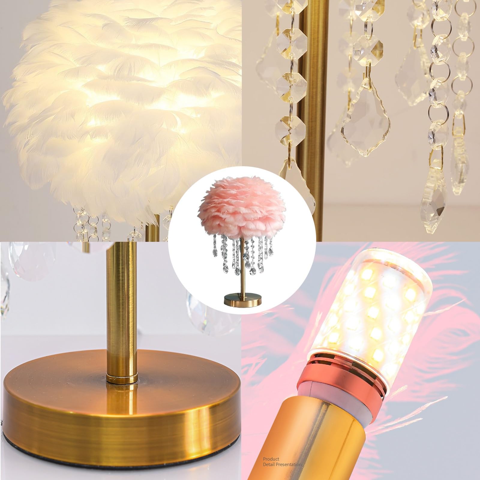 Lampada da tavolo a piuma con cristallo unico - luce a temperatura a 3 colori, luce notturna della scrivania con filo plug-in perfetto per regalo di nozze a fianco letto della camera(Champagne color)