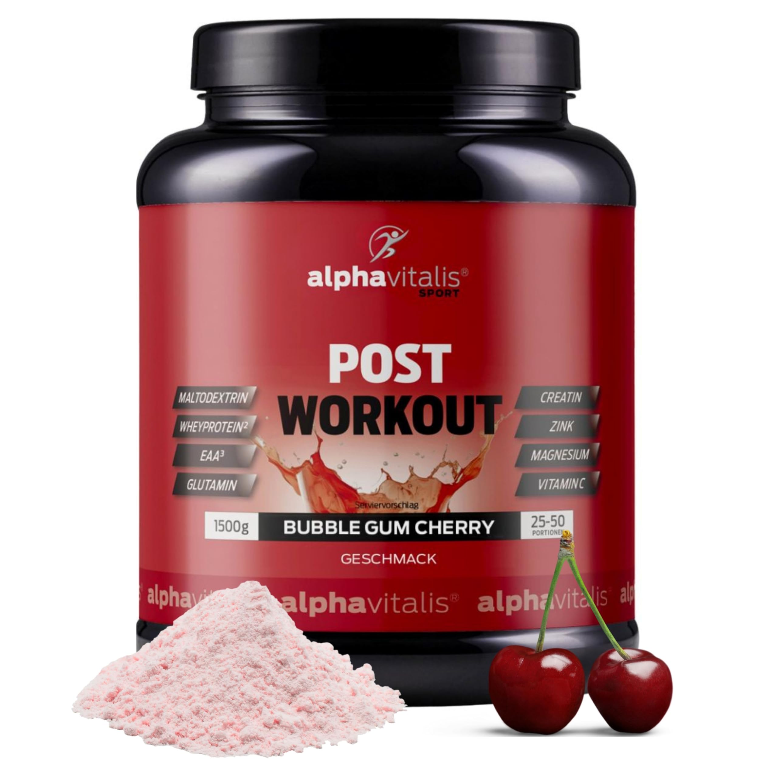 POST WORKOUT Shake - 1500g Kirsche - mit Maltodextrin - Whey Protein Pulver - EAA (essentielle Aminosäuren), Creatin Monohydrat, L-Glutamin, Magnesium uvm. - Sportgetränk - Made by alphavitalis