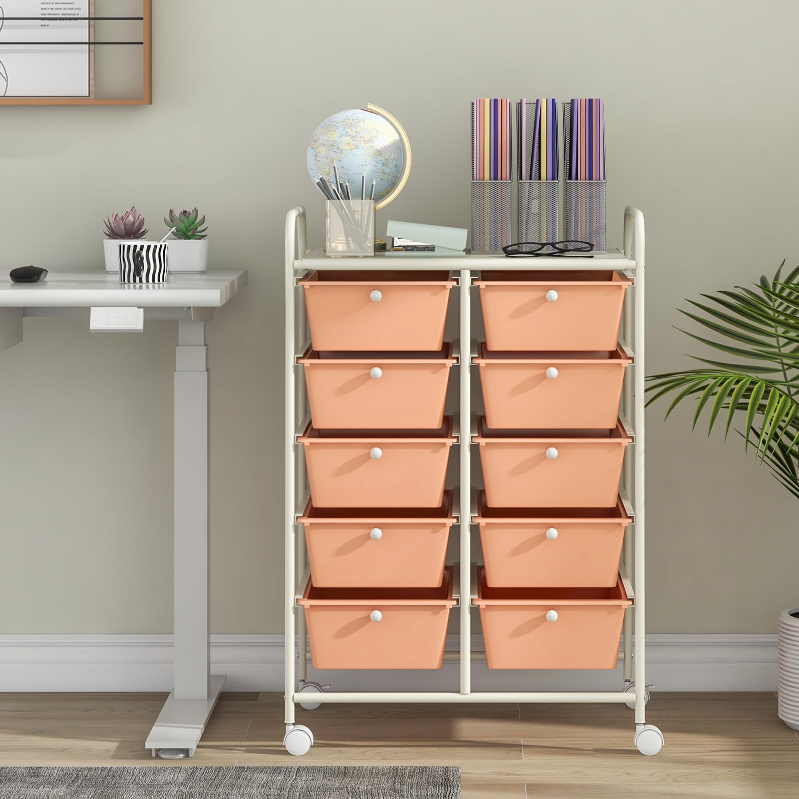 GIANTEX Chariot à roulettes empilable avec 10 tiroirs - Chariot de salle de bain avec roulettes verrouillables - Chariot de rangement pour cuisine, salle de bain, bureau - 65,5 x 37 x 87 cm - Orange