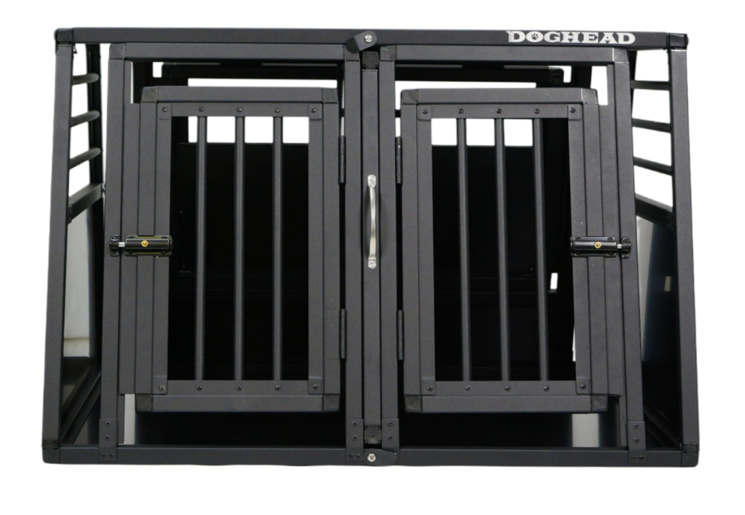 DOGHEAD Hundetransportbox Proline, Double 95x75x63 cm, Schwarz, Aluminium, Beidseitig Abgeschrägt 75°, mit Notausstieg, Keine Kombibox