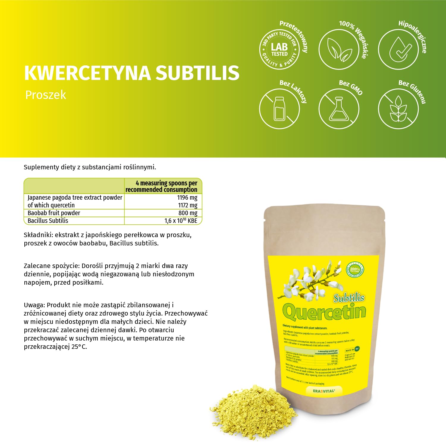 Quercetina Subtilis en polvo con acompañantes importantes - Baobab Fruta en polvo (un buen proveedor de vitamina C) y Bacillus Subtilis (para el equilibrio de la microflora intestinal). Vegano (500 g