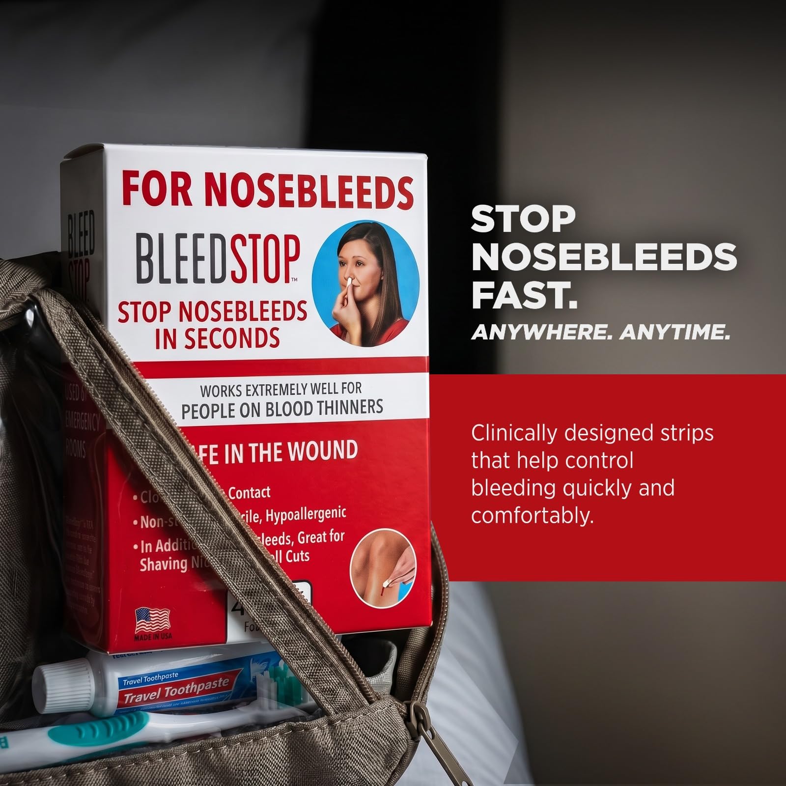 BleedStop Tiras nasales – Insertos de espuma coagulante de sangre de acción rápida – Ayuda a coagular la sangre al contacto – Estéril no pica, hipoalergénico para hemorragias nasales leves a pesadas