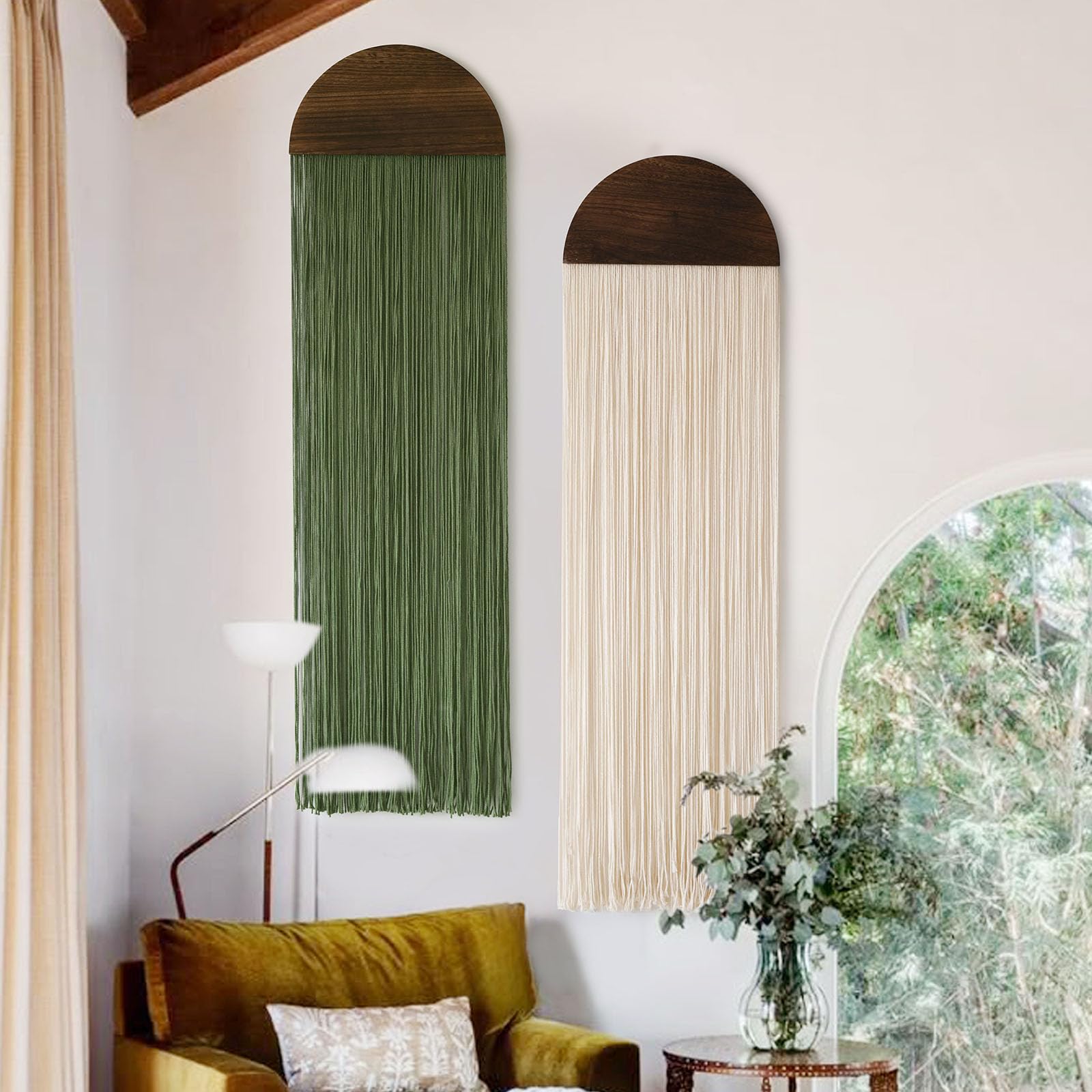 2 Pcs Macrame Wall Hanging Boho Decor Wall Tapestry Handmade Round Tassel 13.7" W x 51" L for Living Room Bedroom Headboard Decor