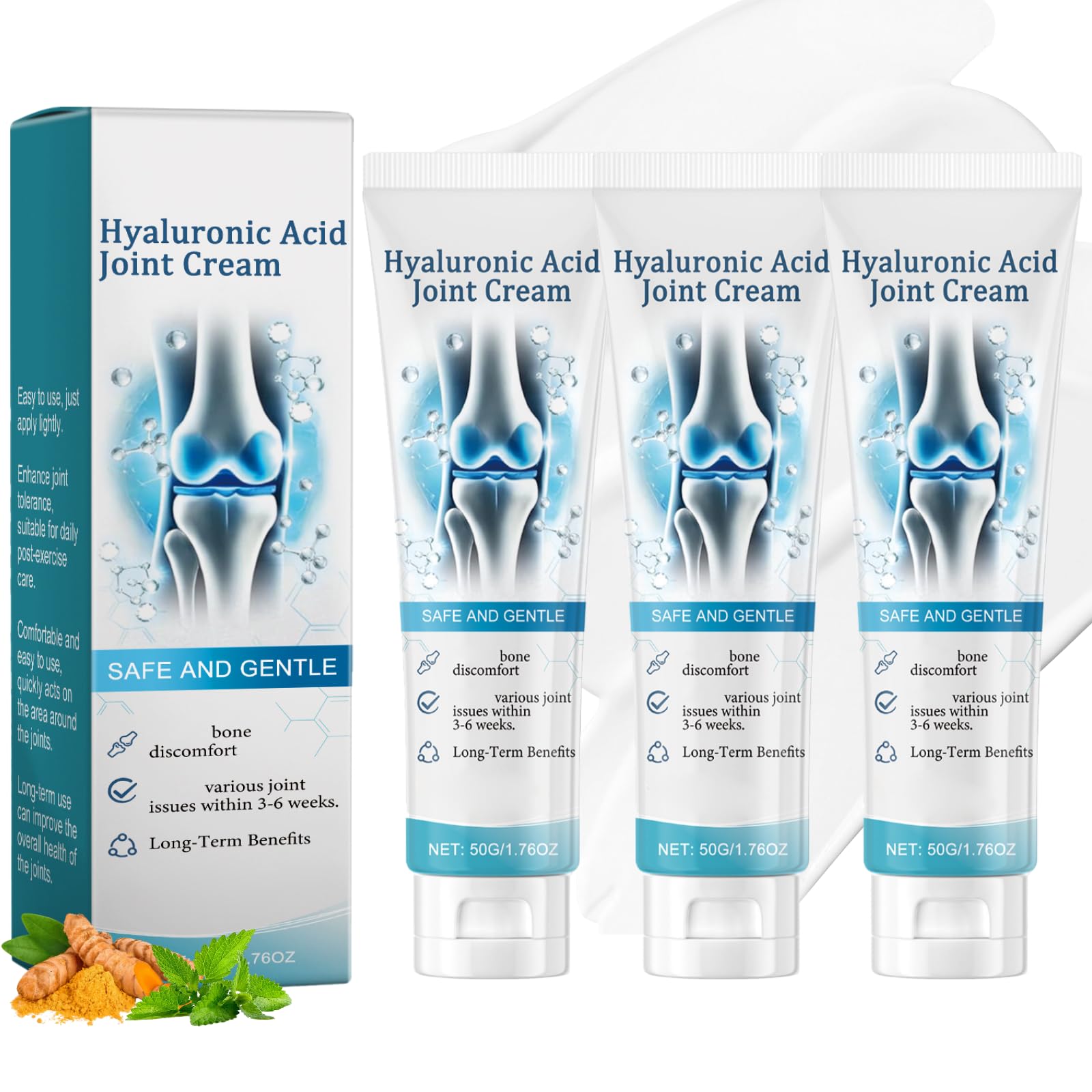 Hyaluronsäure Joint Cream 3 Stück,Hyaluronic Acid Joint Cream zur Linderung von Beschwerden in Rücken,Nacken,Händen & Knie,Gelenkcreme mit Kurkuma Extrakt,Gelenkpflegecreme,Bone Care Creams