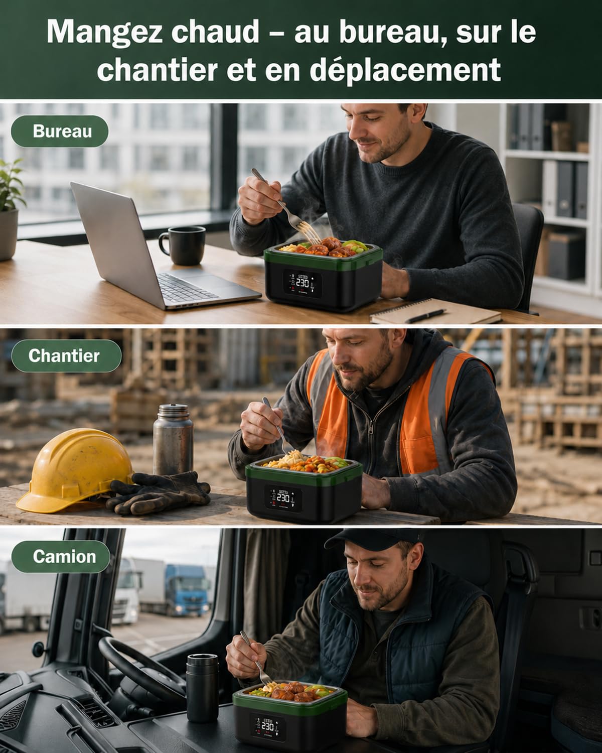 LANMOU Gamelle Chauffante Batterie Sans Fil, 1000ml, Minuterie | Lunch Box Chauffante Rechargeable USB-C, Cuve amovible Inox 304, 6 Temps, Maintien Chaud, Pour Bureau Chantier Voiture