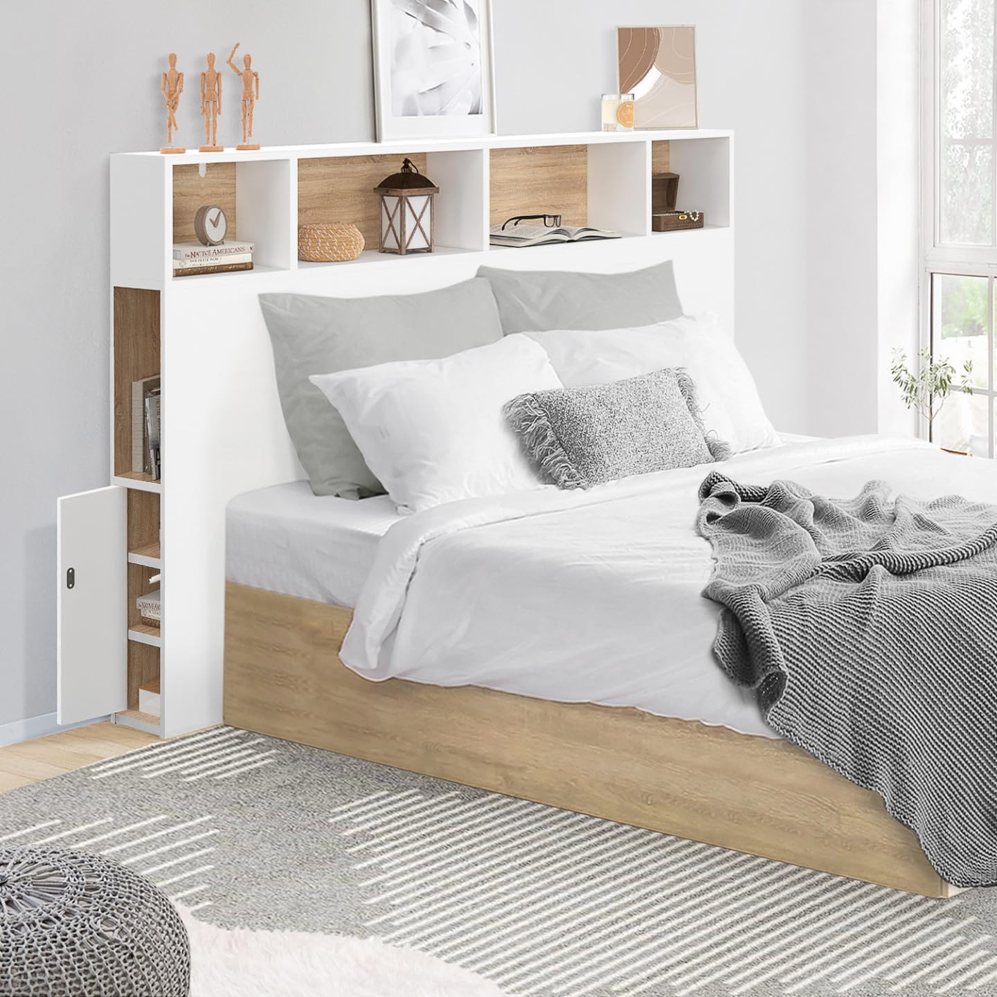 IDMarket - Tête de lit sur Pied Cleo 145 cm avec rangements fermés et niches Blanc et façon hêtre