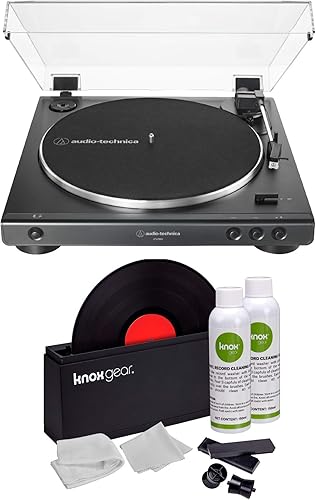 Audio-Technica AT-LP60X - Tocadiscos estéreo totalmente automático con correa (negro) con kit de limpieza de discos de vinilo Knox Gear